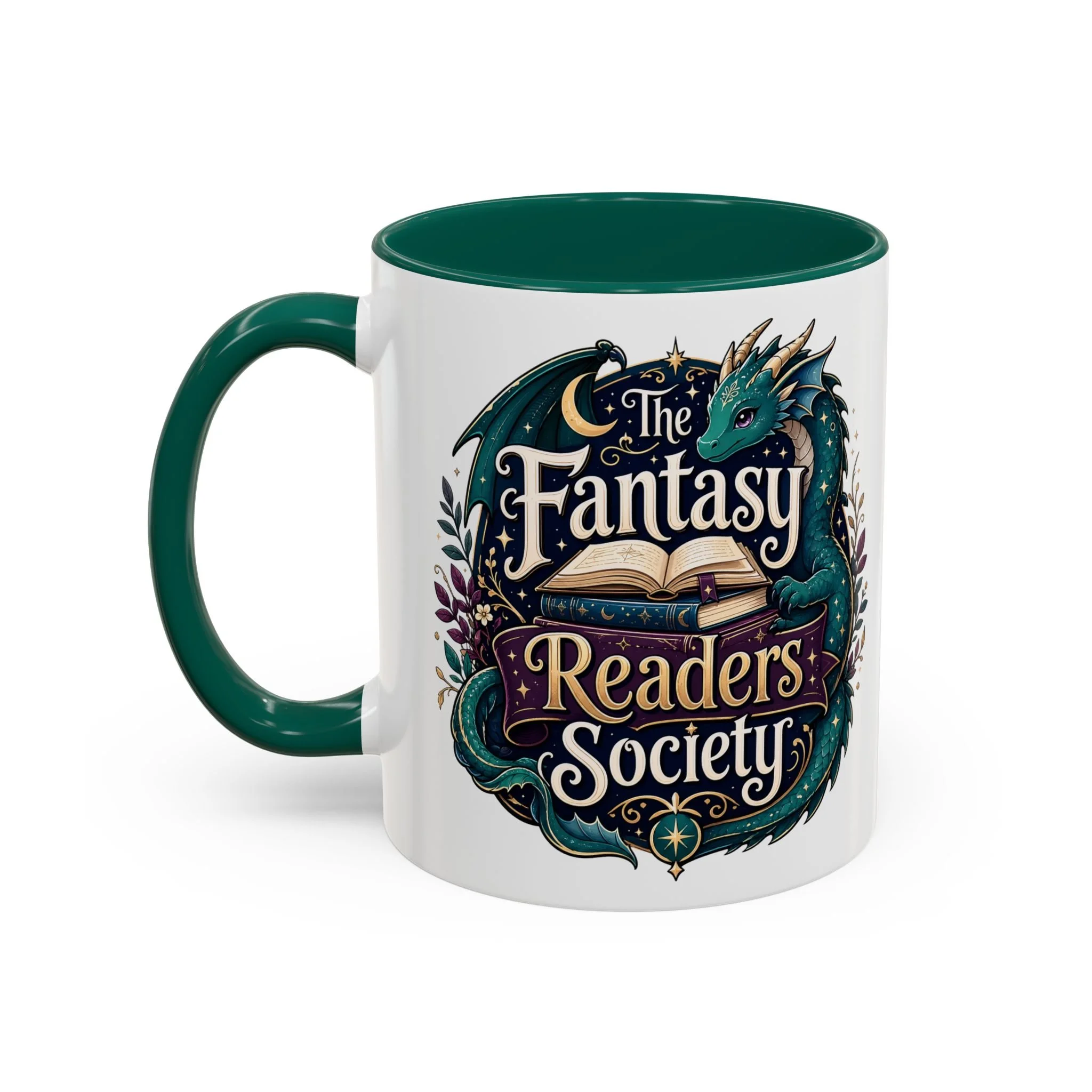 Front view of Fantasy Readers Society 11 oz ceramic mug featuring fantasy reader emblem artwork.