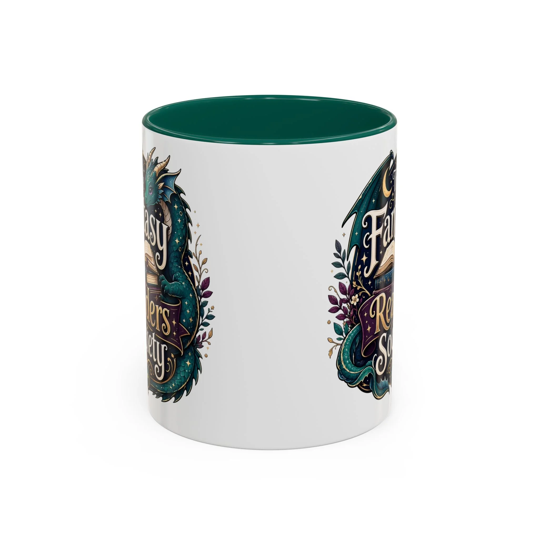 Side view of Fantasy Readers Society wraparound ceramic mug.