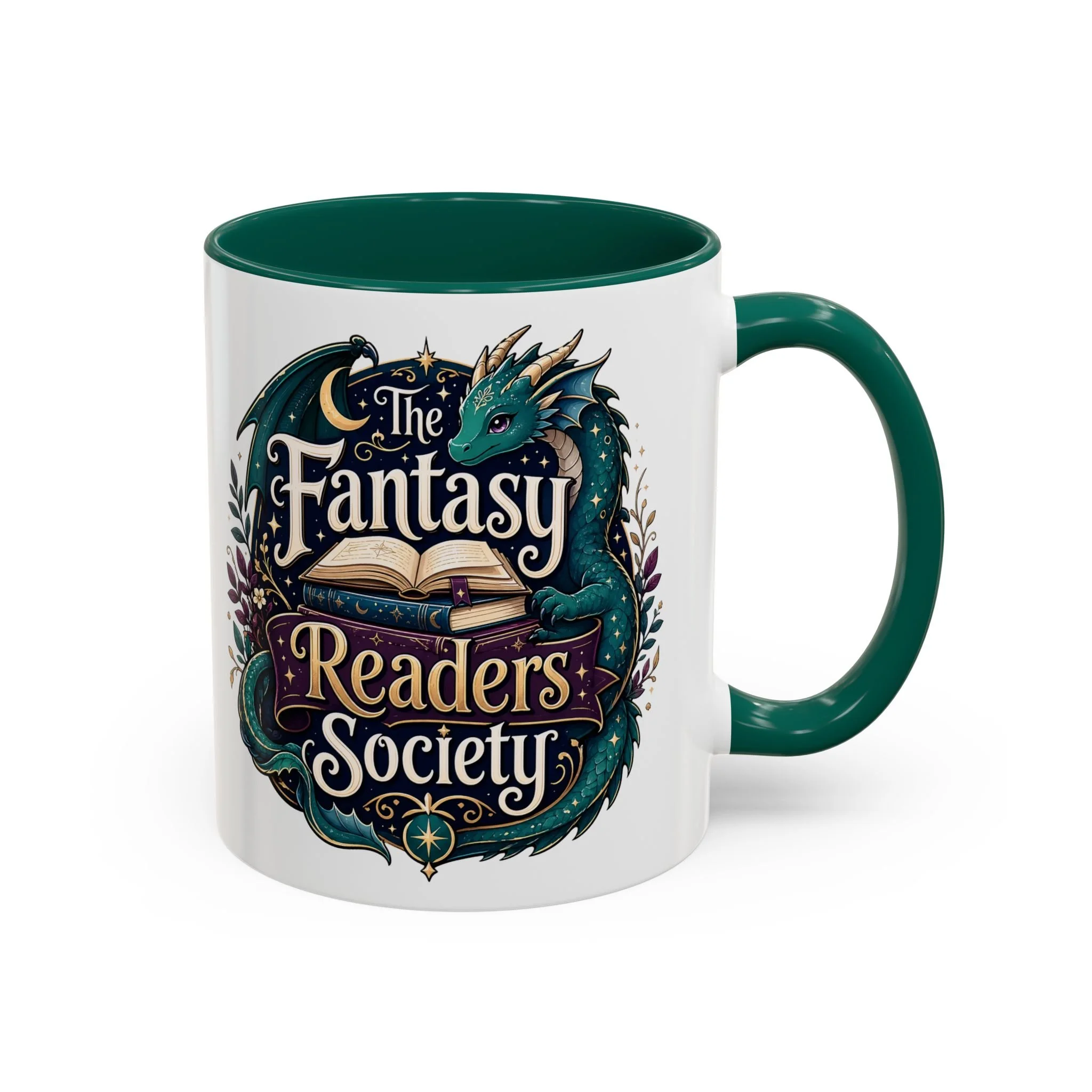 Opposite side view of glossy ceramic mug with green C-shaped handle.