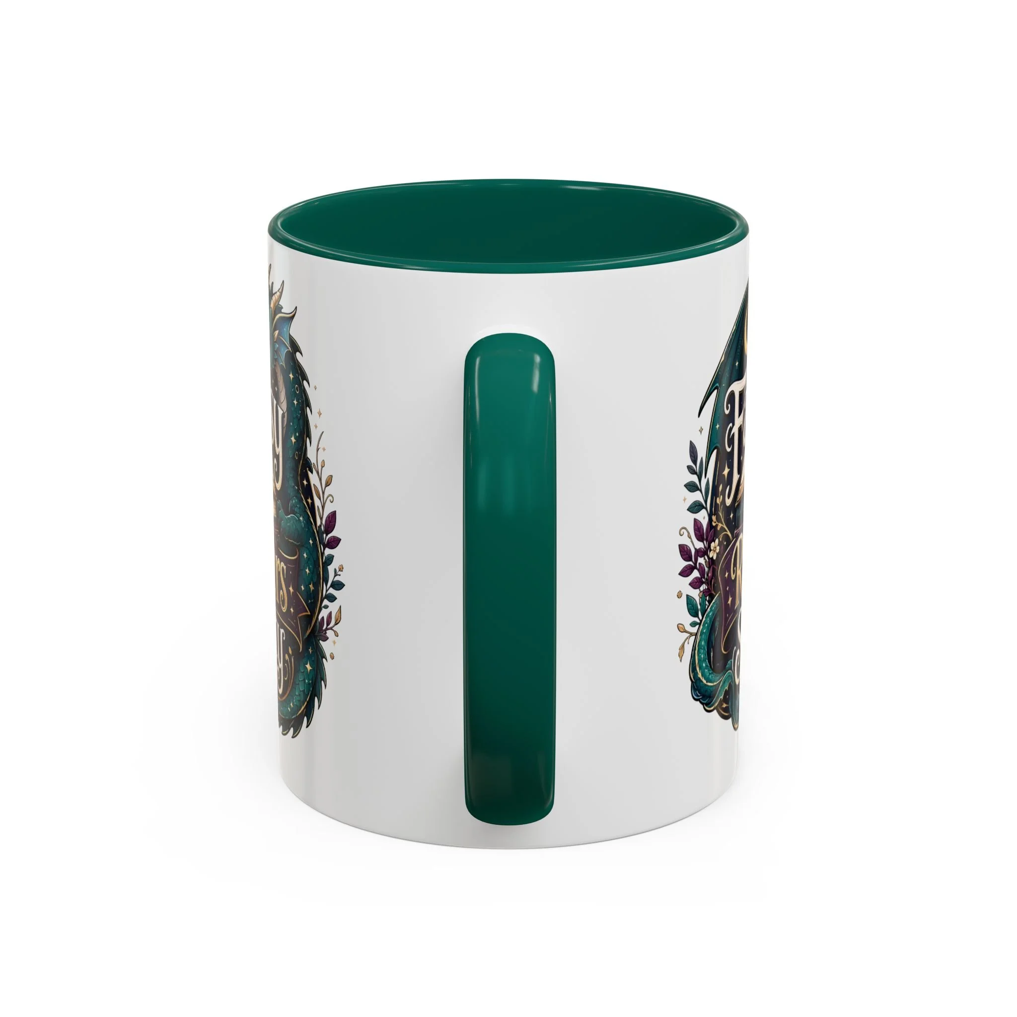 Close-up of green C-shaped handle on Fantasy Readers Society fantasy mug.
