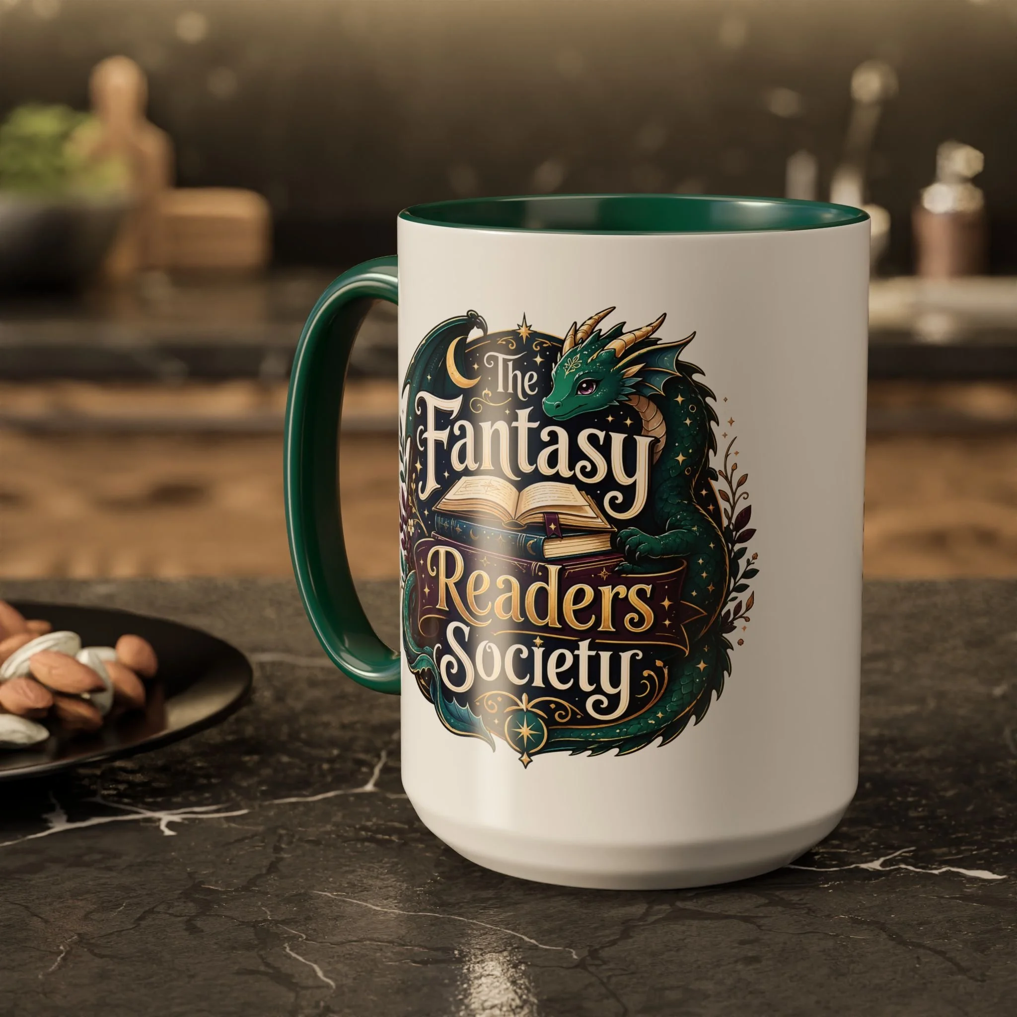 Lifestyle photo of Fantasy Readers Society 15 oz ceramic mug with fantasy reader emblem artwork.