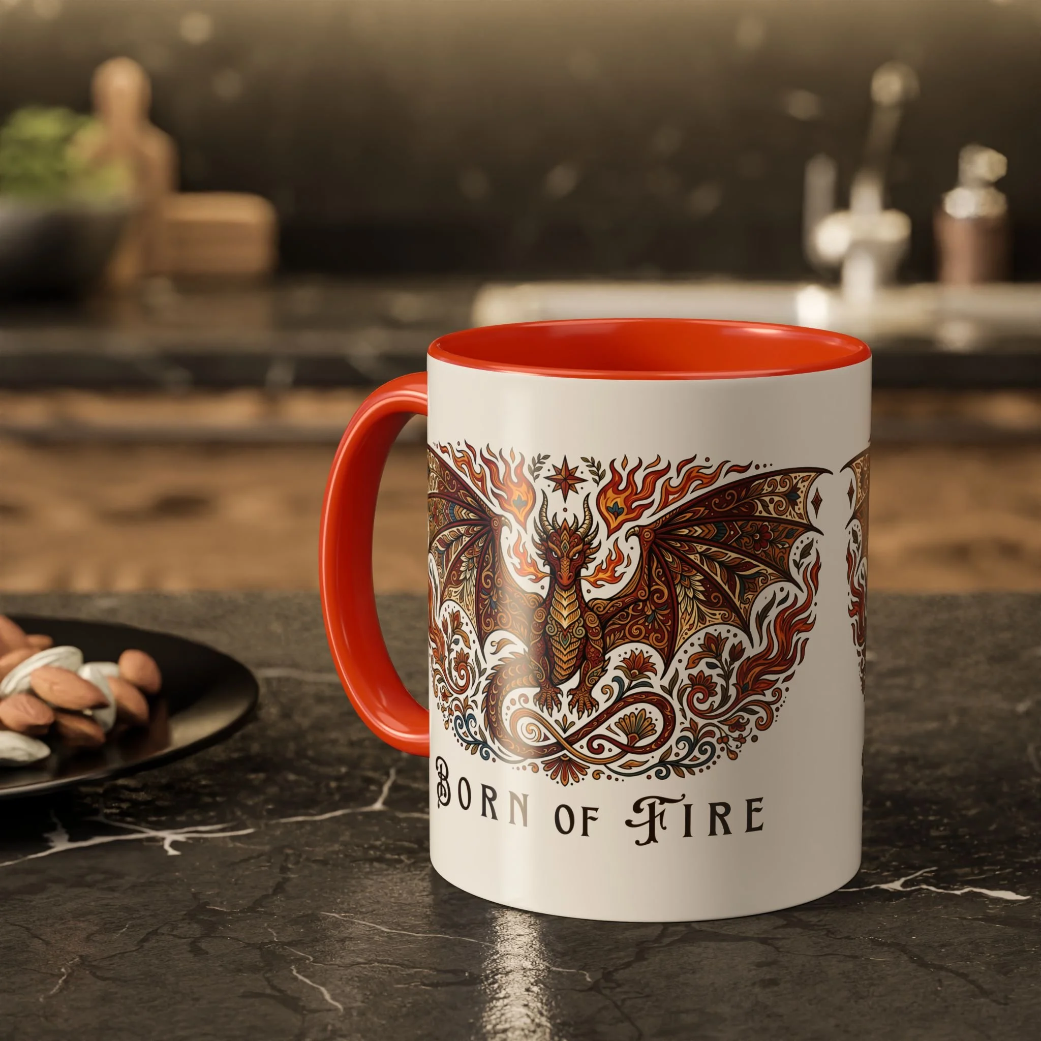 Lifestyle photo of Born of Fire ceramic mug with orange accent handle.
