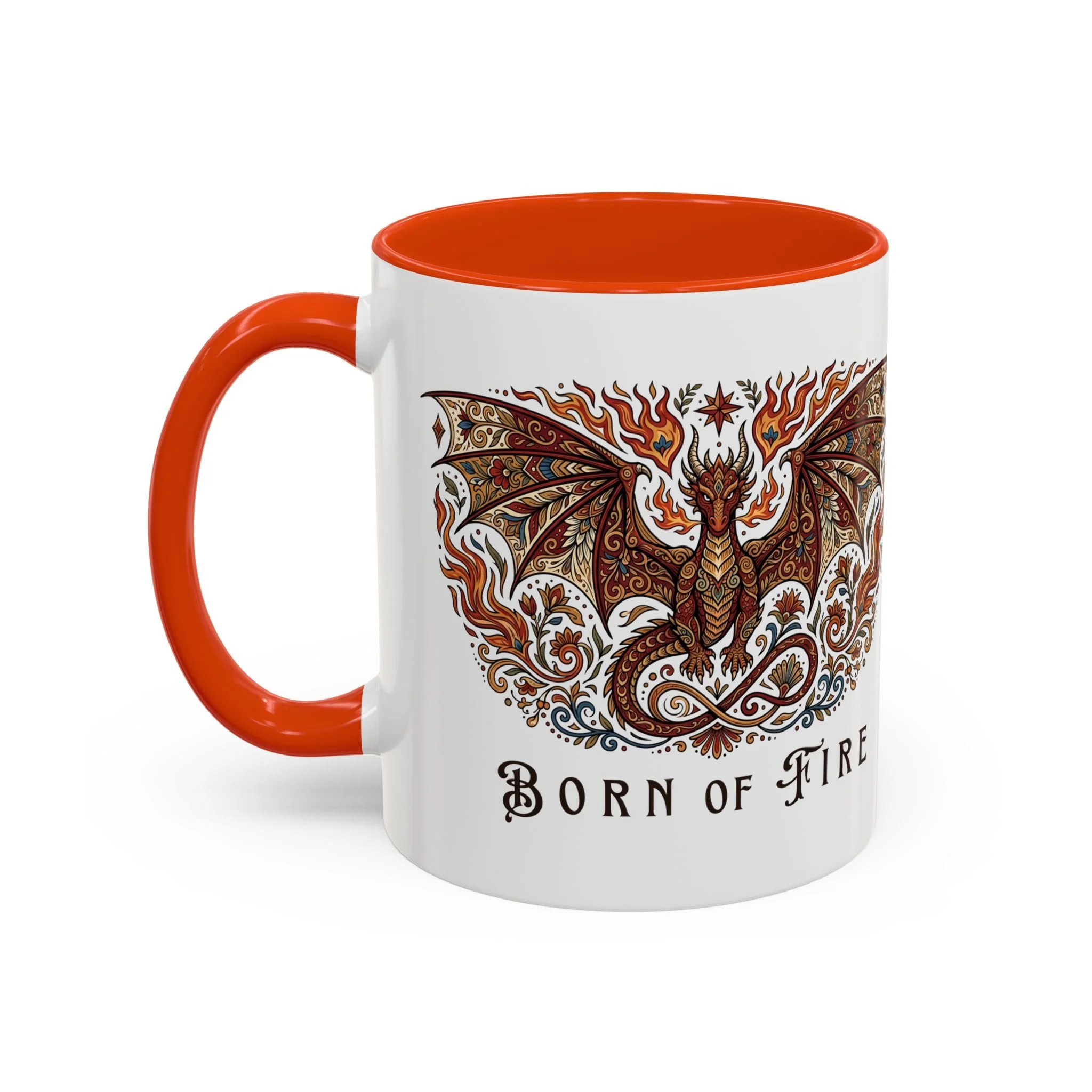 Front view of Born of Fire 11 oz ceramic mug featuring phoenix artwork.