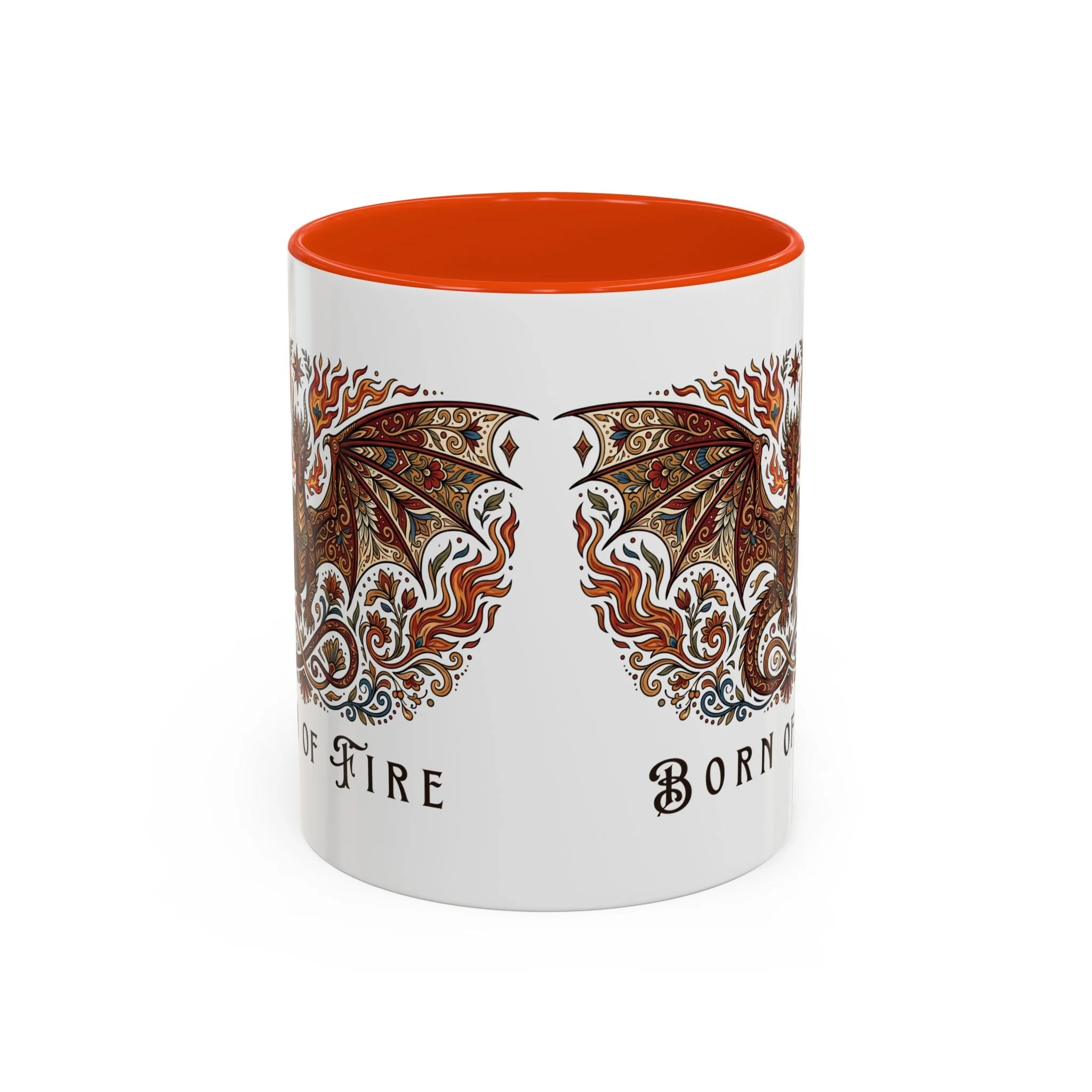 Side view of Born of Fire wraparound phoenix design on glossy ceramic mug.