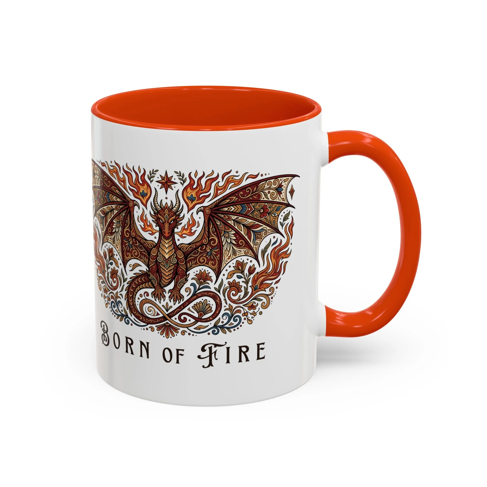 Opposite side view of glossy ceramic mug with orange C-shaped handle.