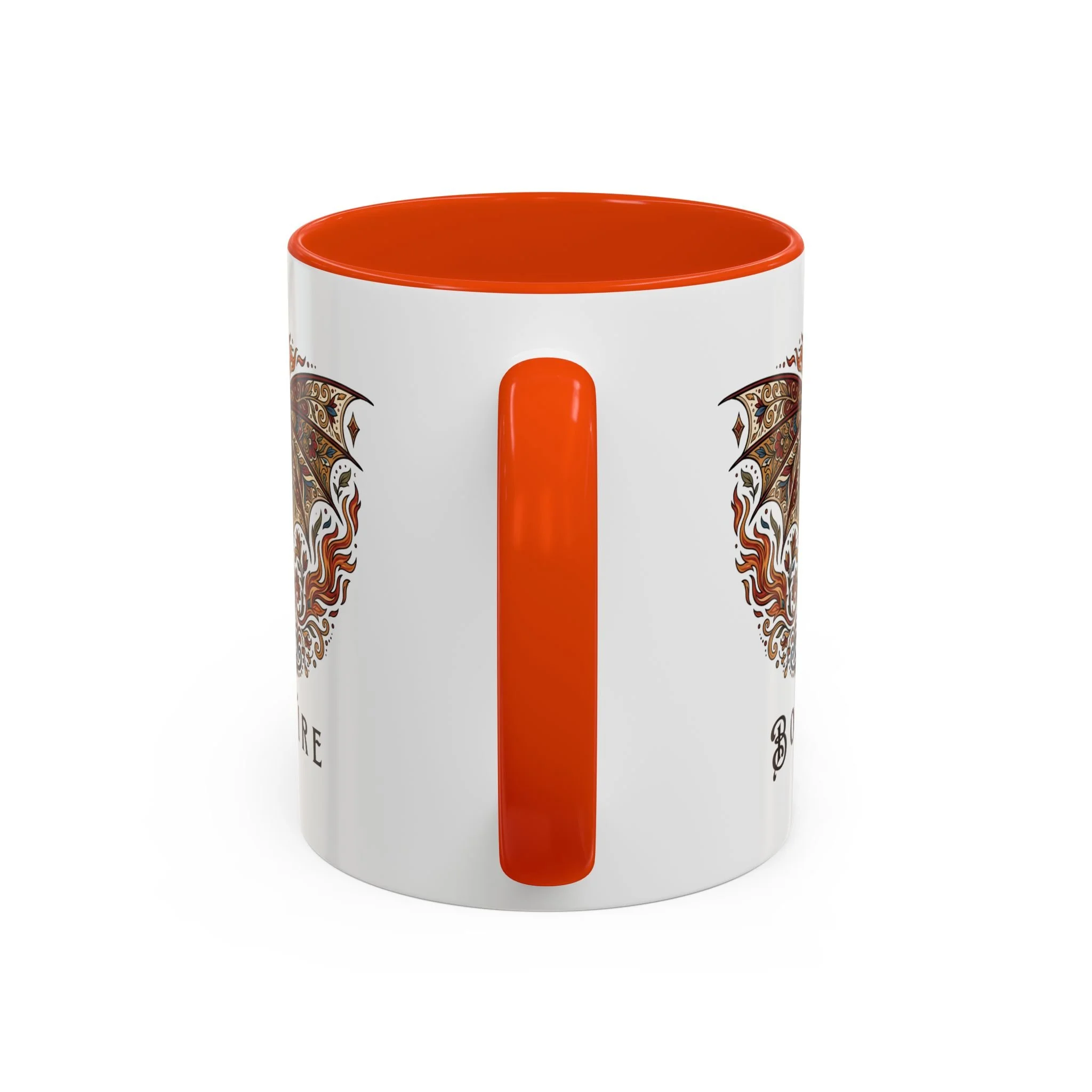 Close-up of orange C-shaped handle on Born of Fire fantasy mug.