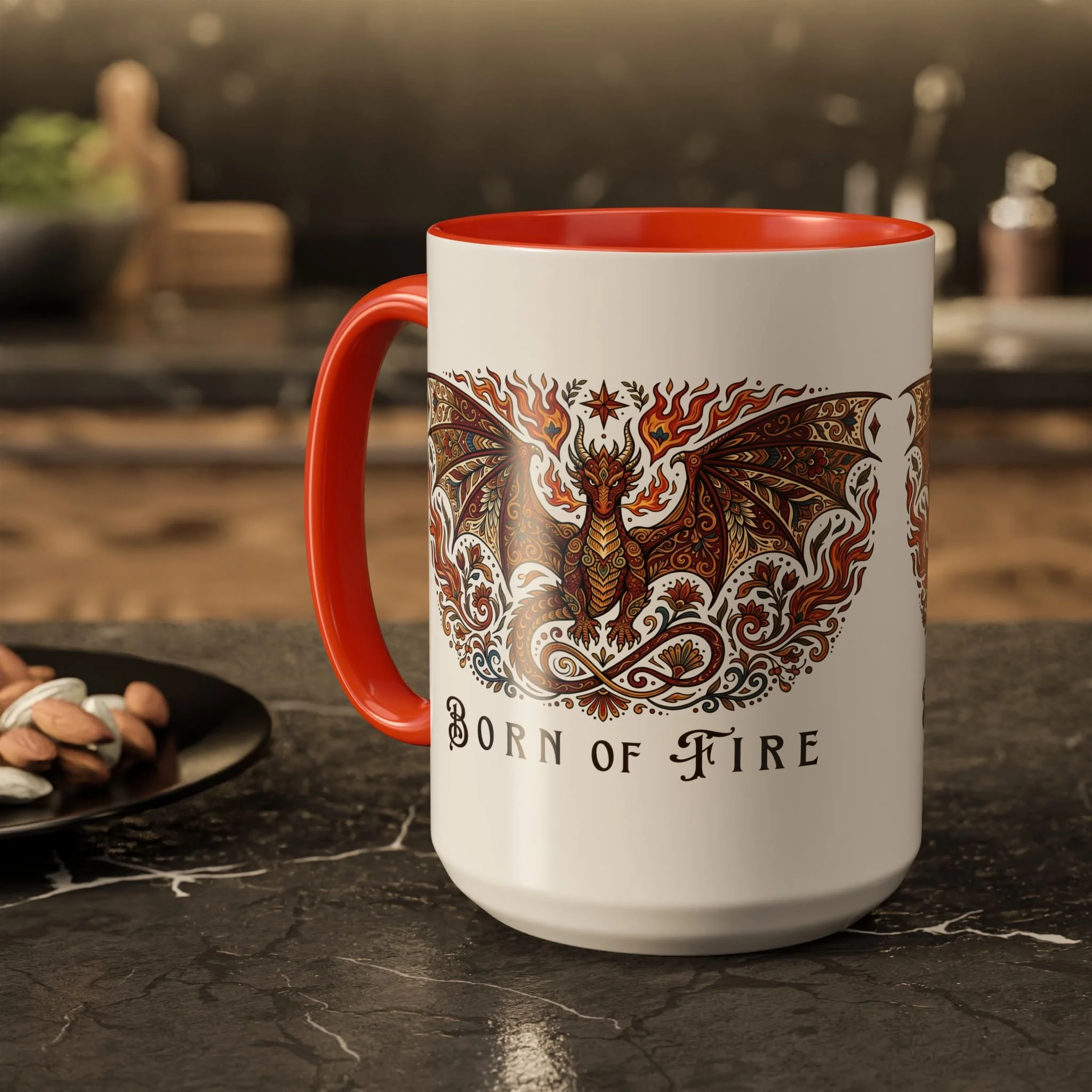 Lifestyle photo of Born of Fire 15 oz ceramic mug featuring phoenix artwork.