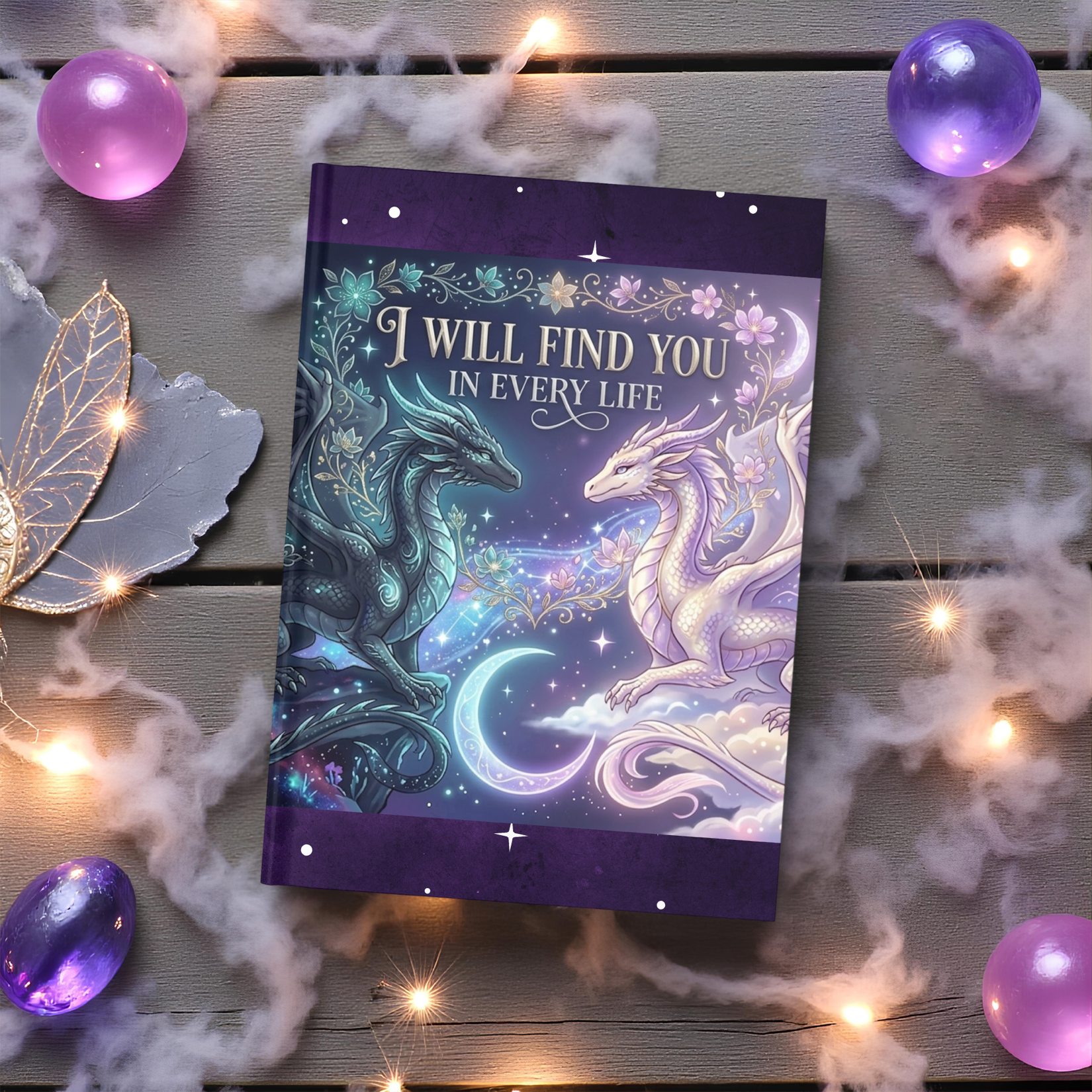Fantasy dragon journal styled with fairy lights and crystals on a rustic wood background.
