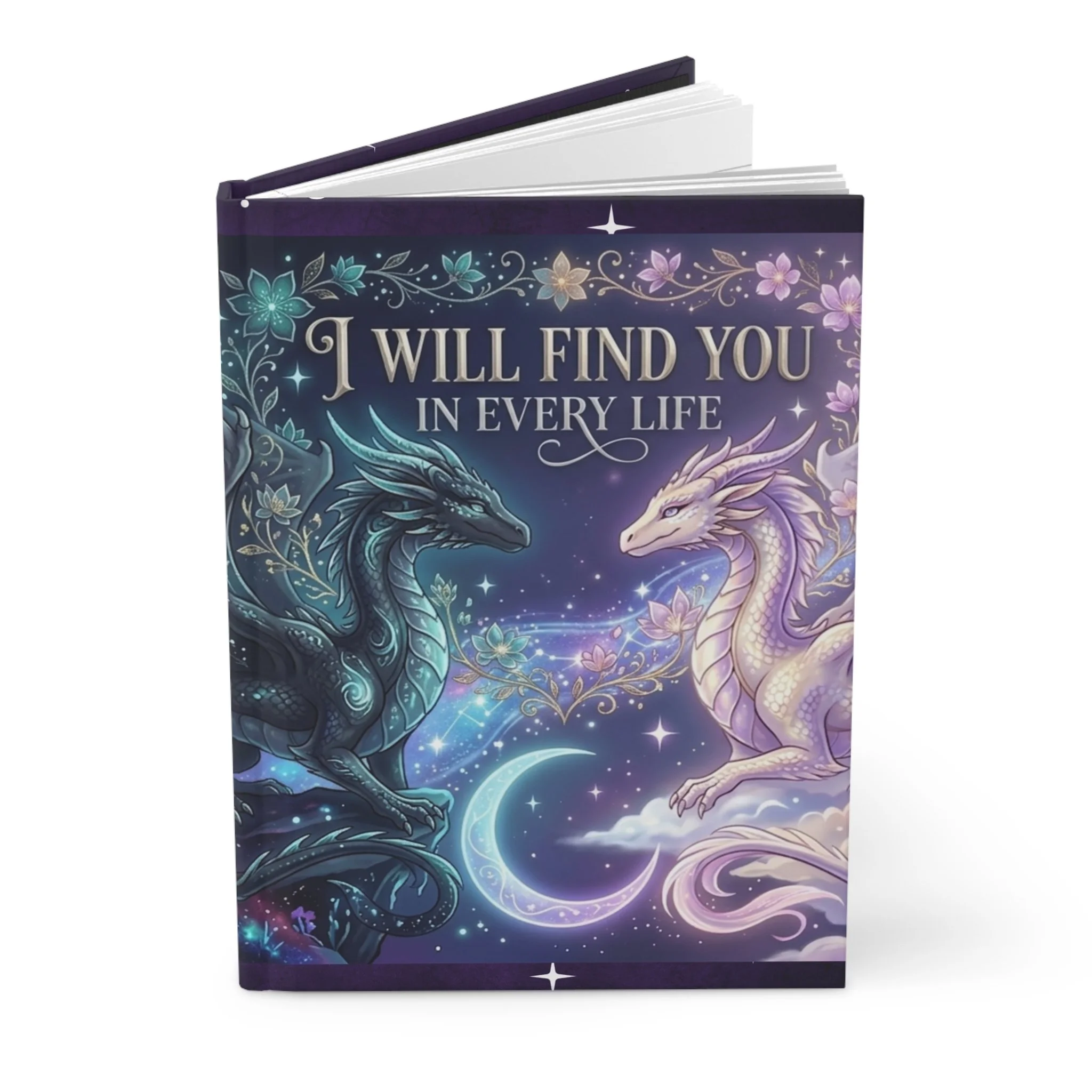 Fantasy dragon notebook standing upright with blue and lavender dragons beneath a crescent moon.