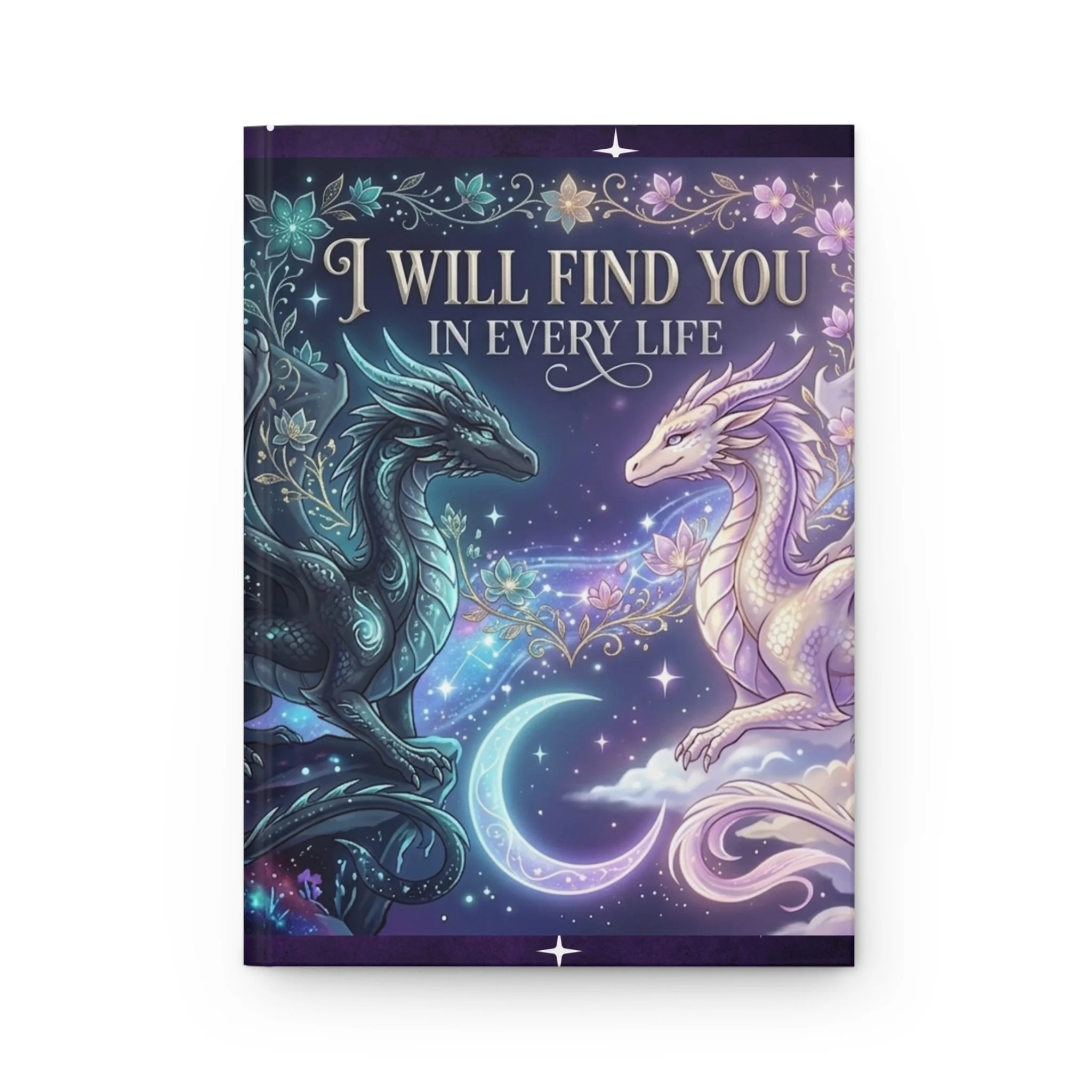 Front cover of celestial dragon hardcover journal with romantic fantasy artwork.