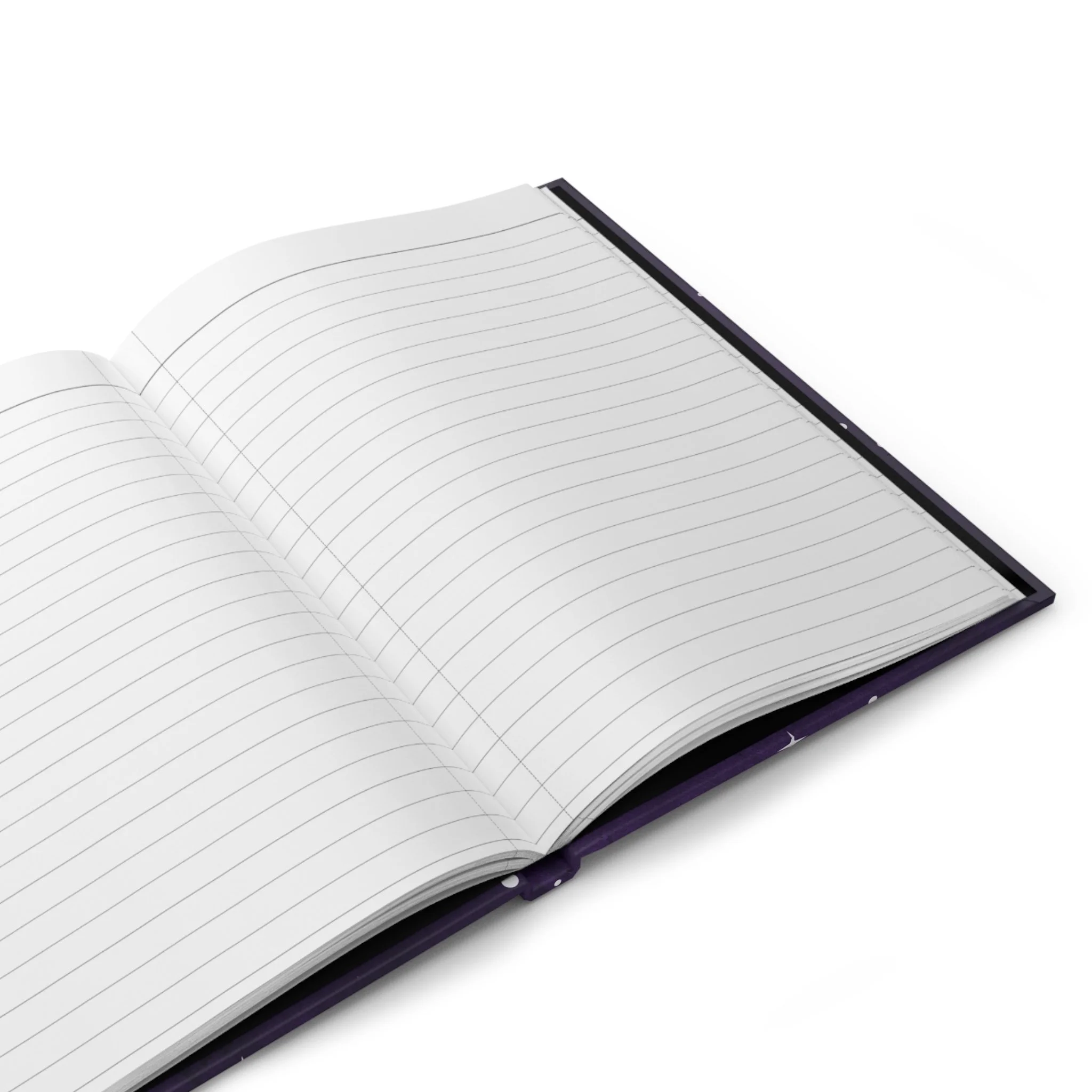 Open hardcover journal showing lined writing pages.