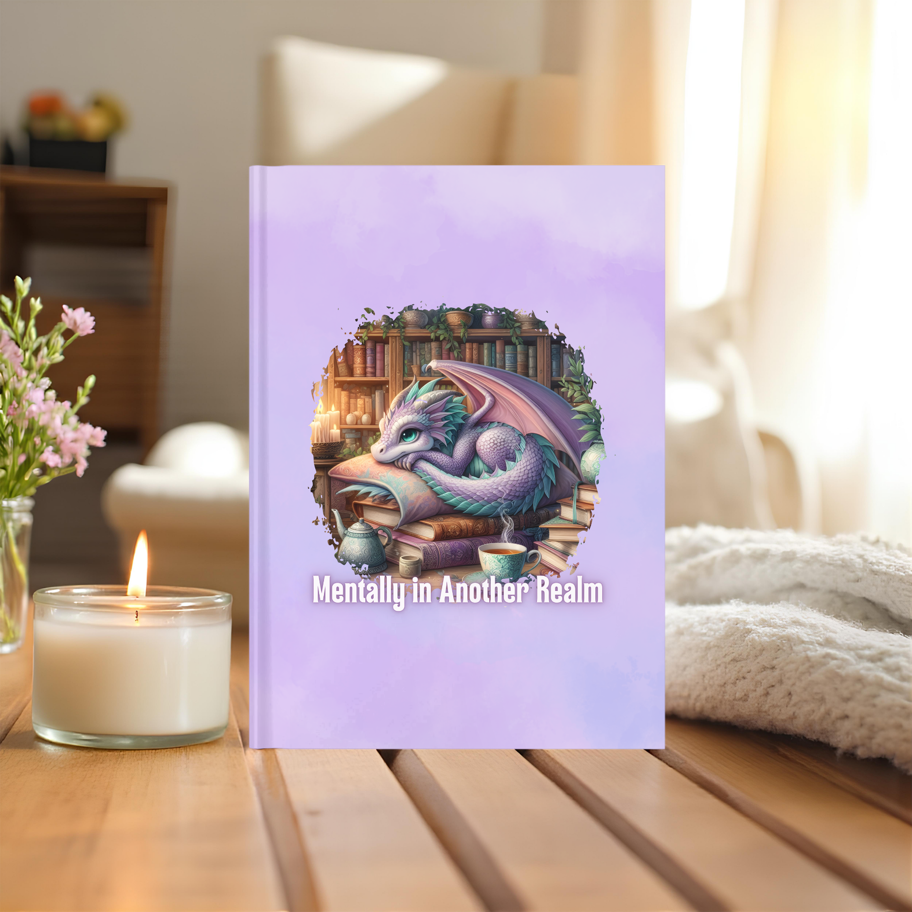 Fantasy dragon journal styled beside a candle in a cozy reading nook.