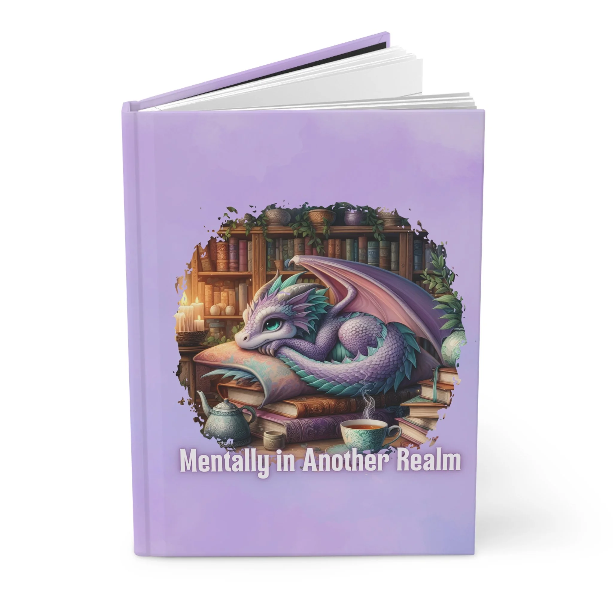 Standing hardcover dragon journal featuring a cozy reading dragon on a lavender cover.