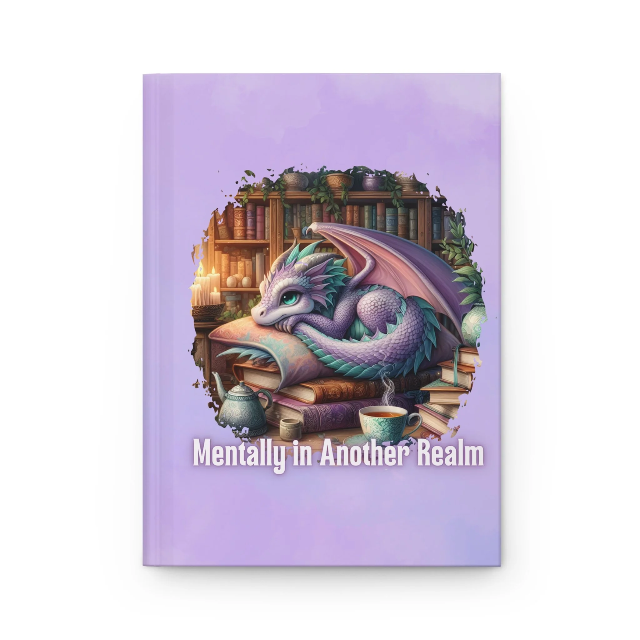 Front cover of fantasy dragon notebook with whimsical dragon library artwork.