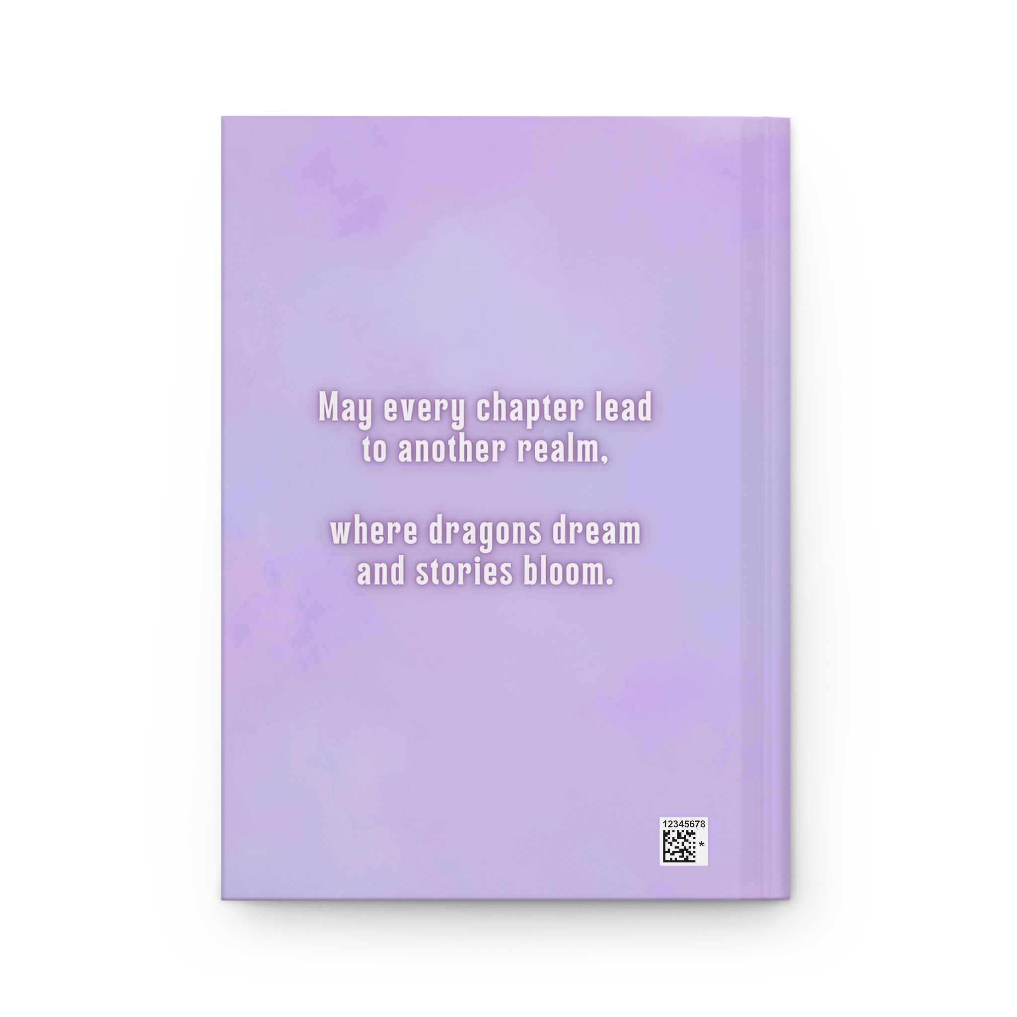 Back cover of hardcover journal with the poem "May every chapter lead to another realm, where dragons dream and stories bloom."