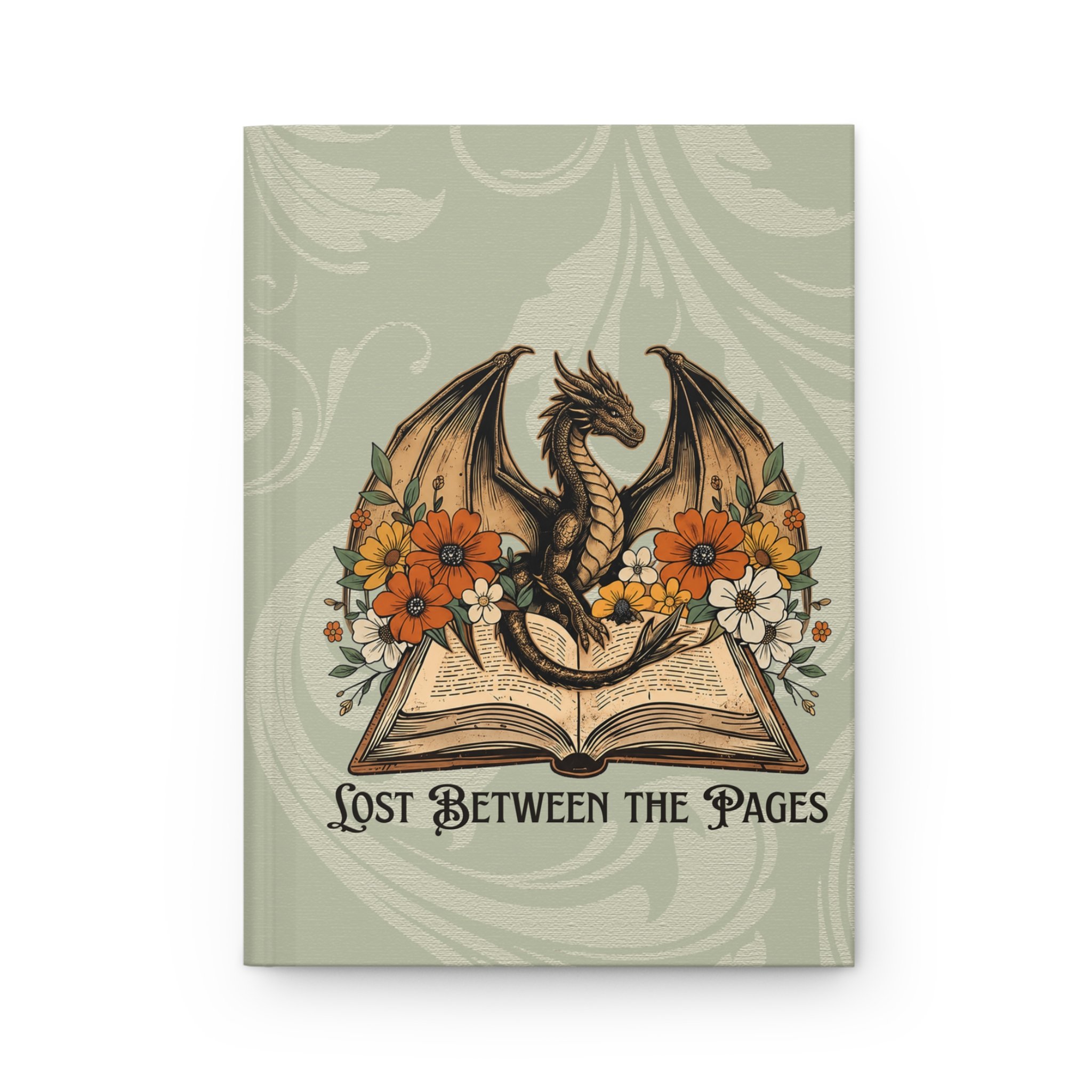 Front cover of fantasy dragon journal with the quote "Lost Between the Pages."