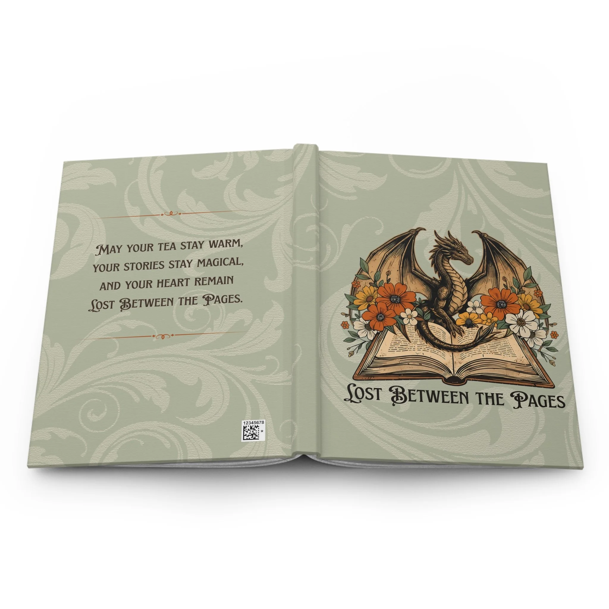 Hardcover fantasy journal displaying the complete front and back cover wraparound design.