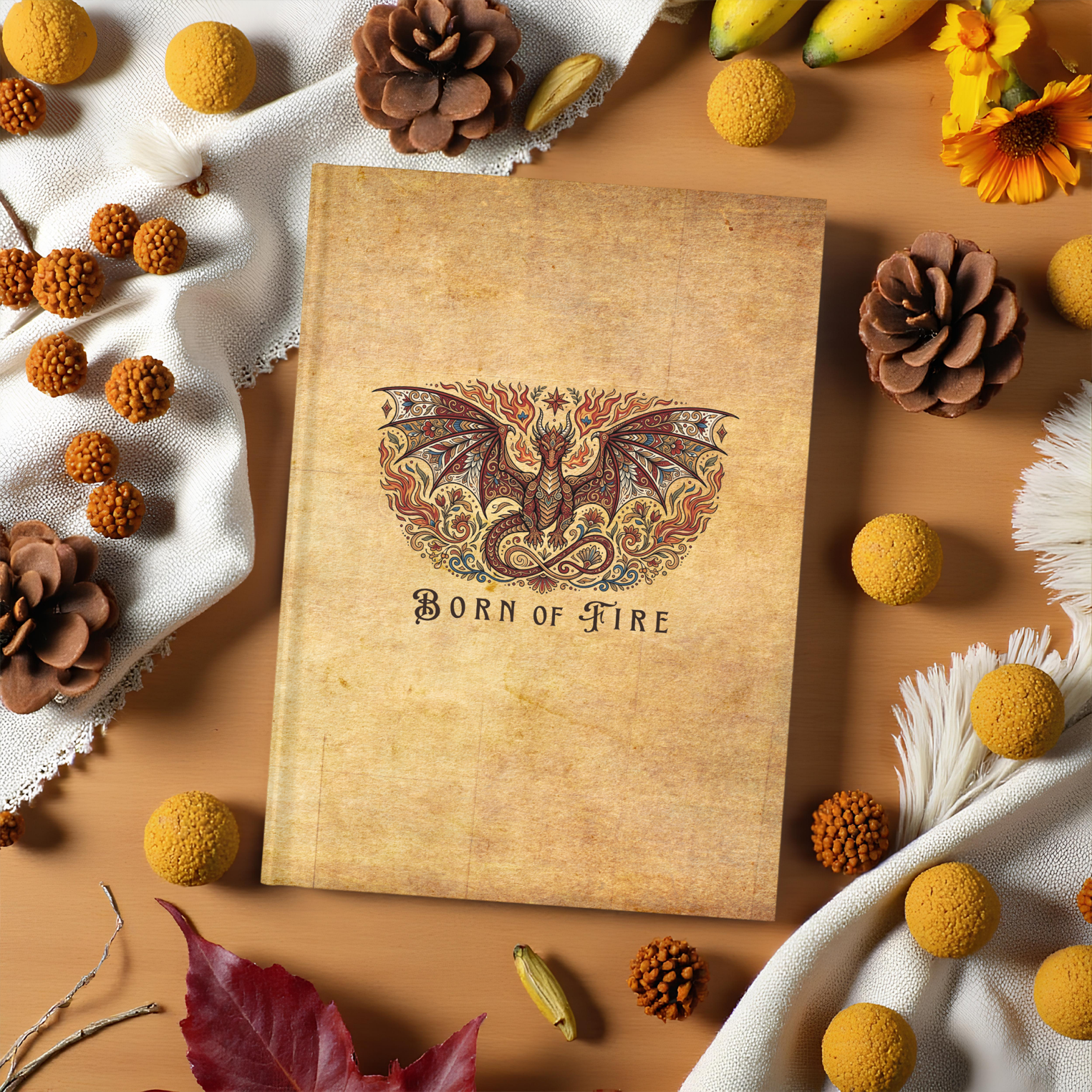 Hardcover fantasy dragon journal featuring a vintage dragon illustration and the phrase "Born of Fire."