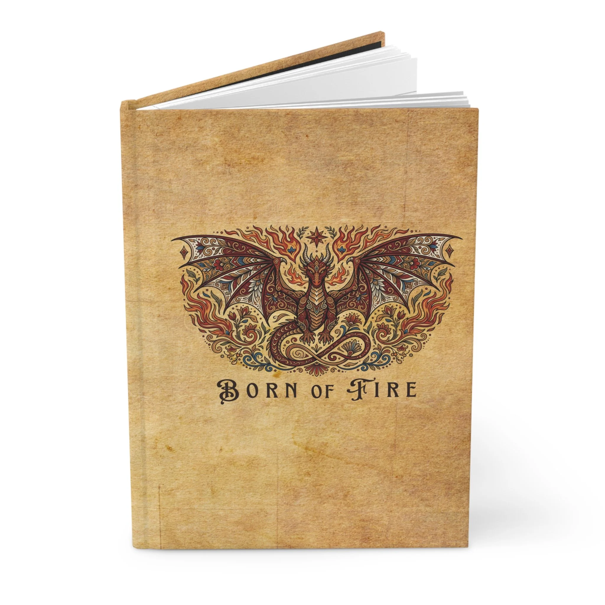 Standing hardcover fantasy notebook with an aged parchment cover and dragon artwork.
