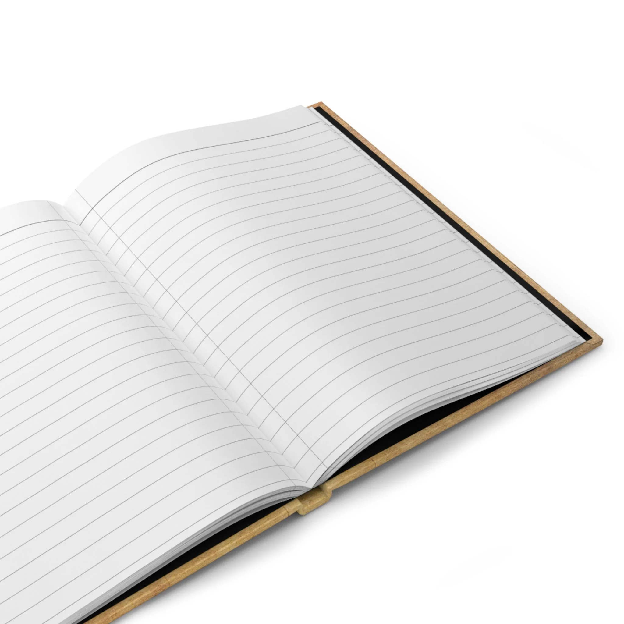 Open hardcover journal displaying lined writing pages.