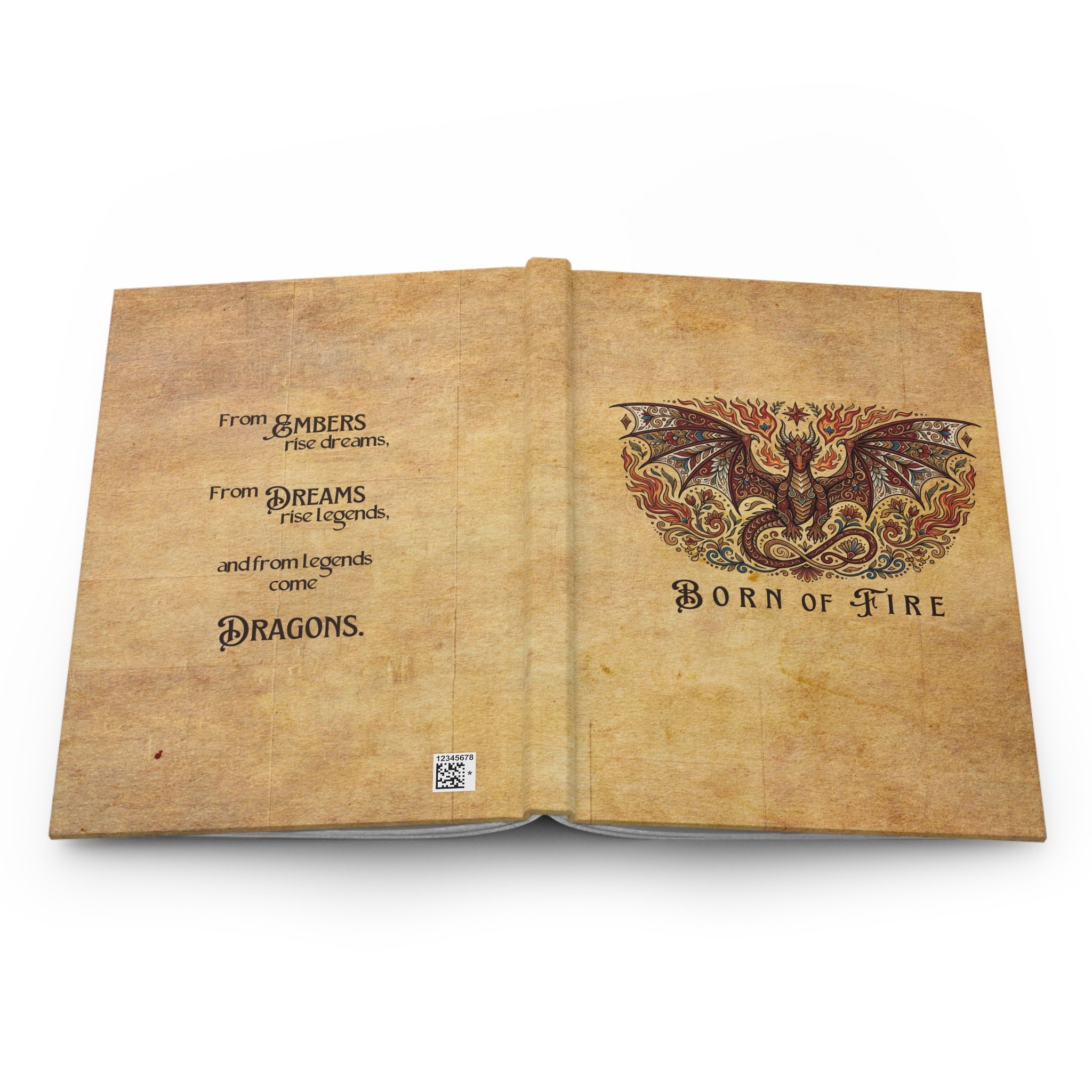 Hardcover fantasy journal showing the complete front and back cover wraparound design.