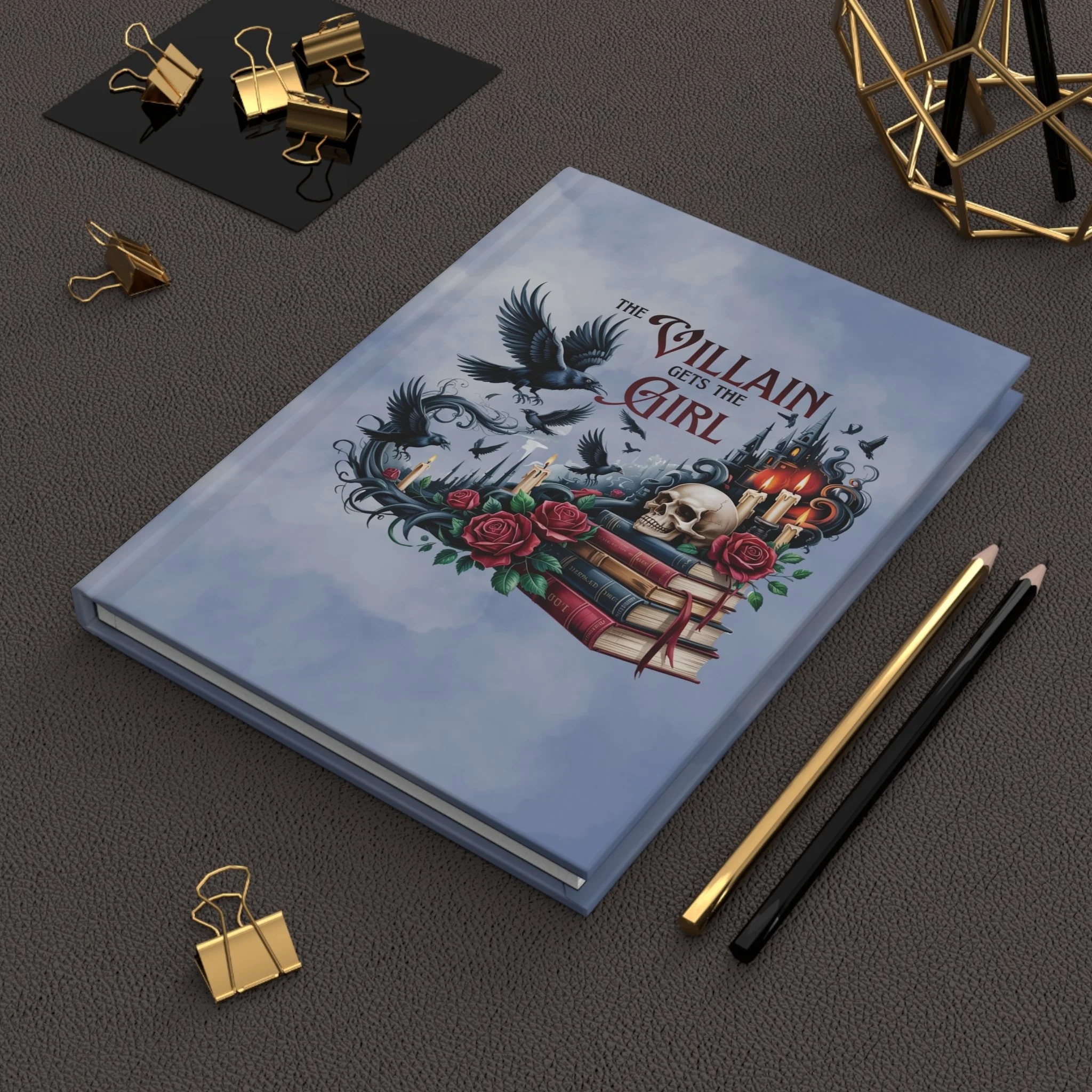 Dark fantasy hardcover journal displayed with coffee, candles, and cozy reading accessories.