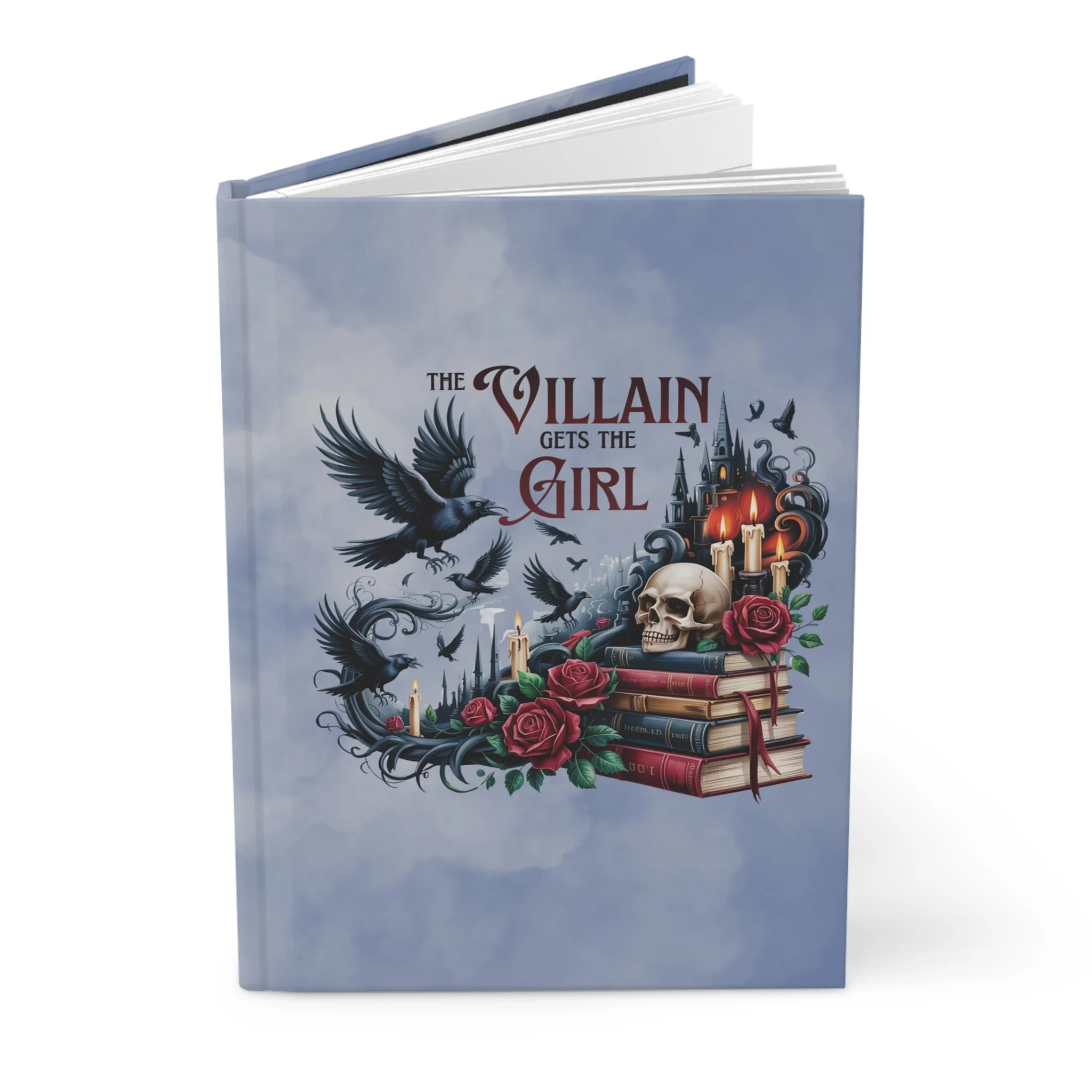 Standing hardcover notebook with gothic romantasy artwork and "The Villain Gets the Girl" design.