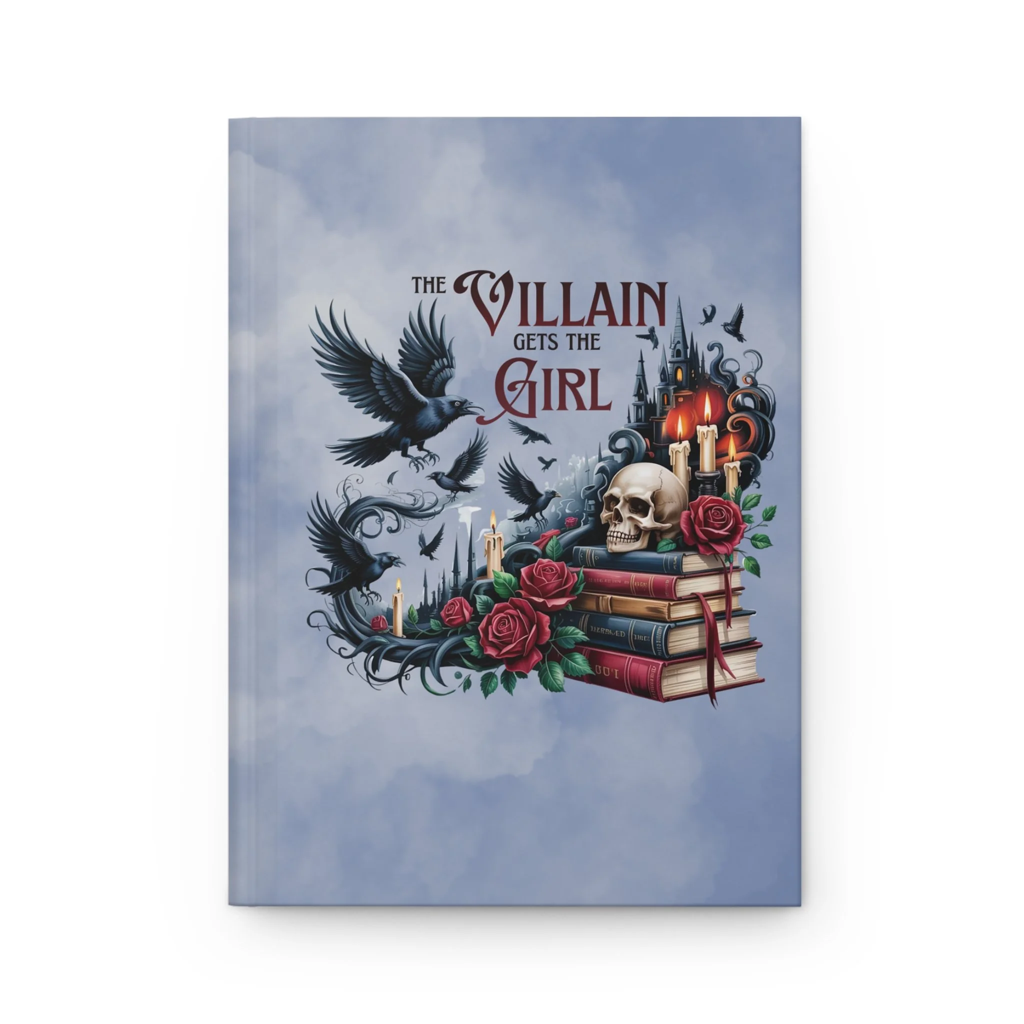 Front cover of dark fantasy writing journal featuring books, a skull, raven, and roses.