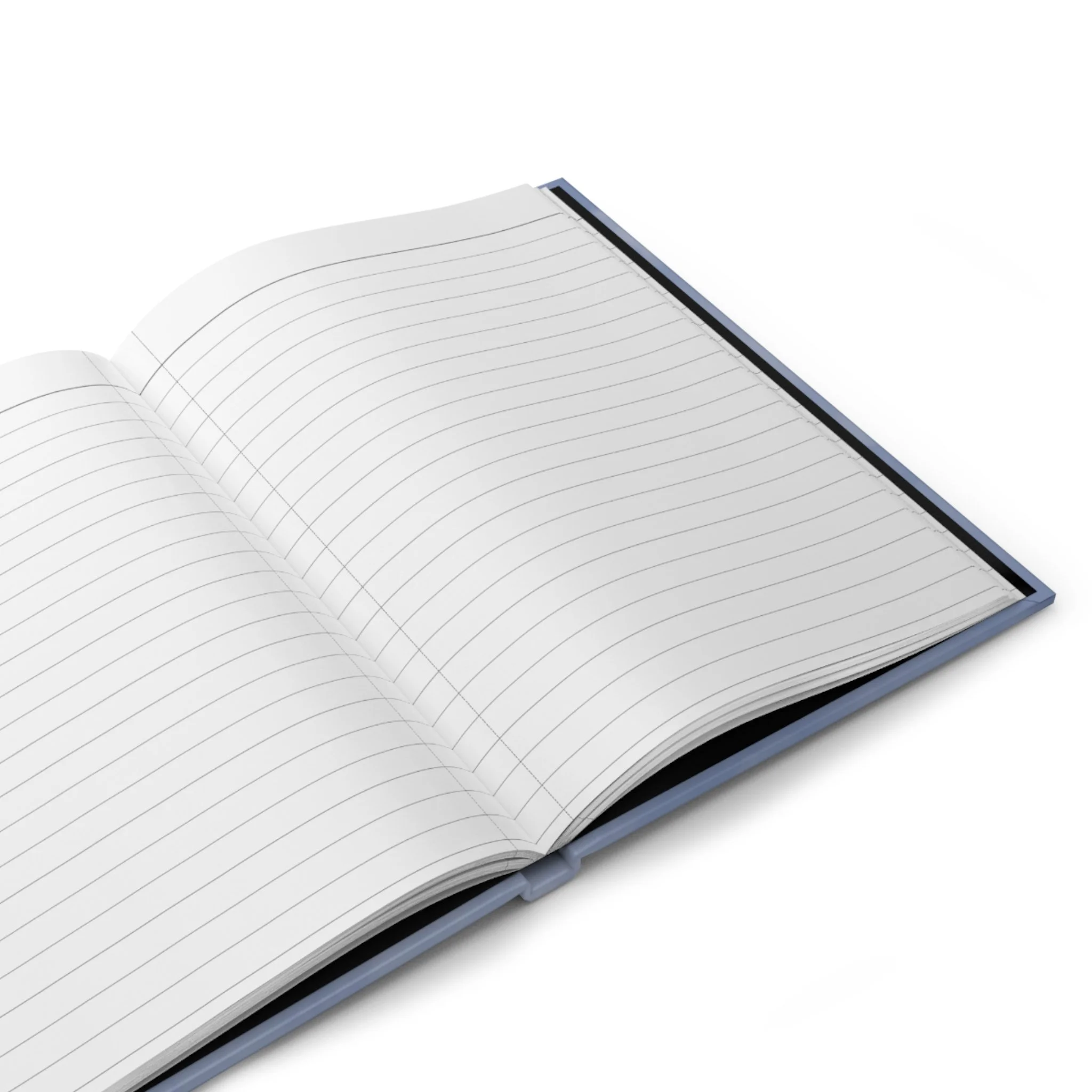 Open hardcover journal displaying lined writing pages.