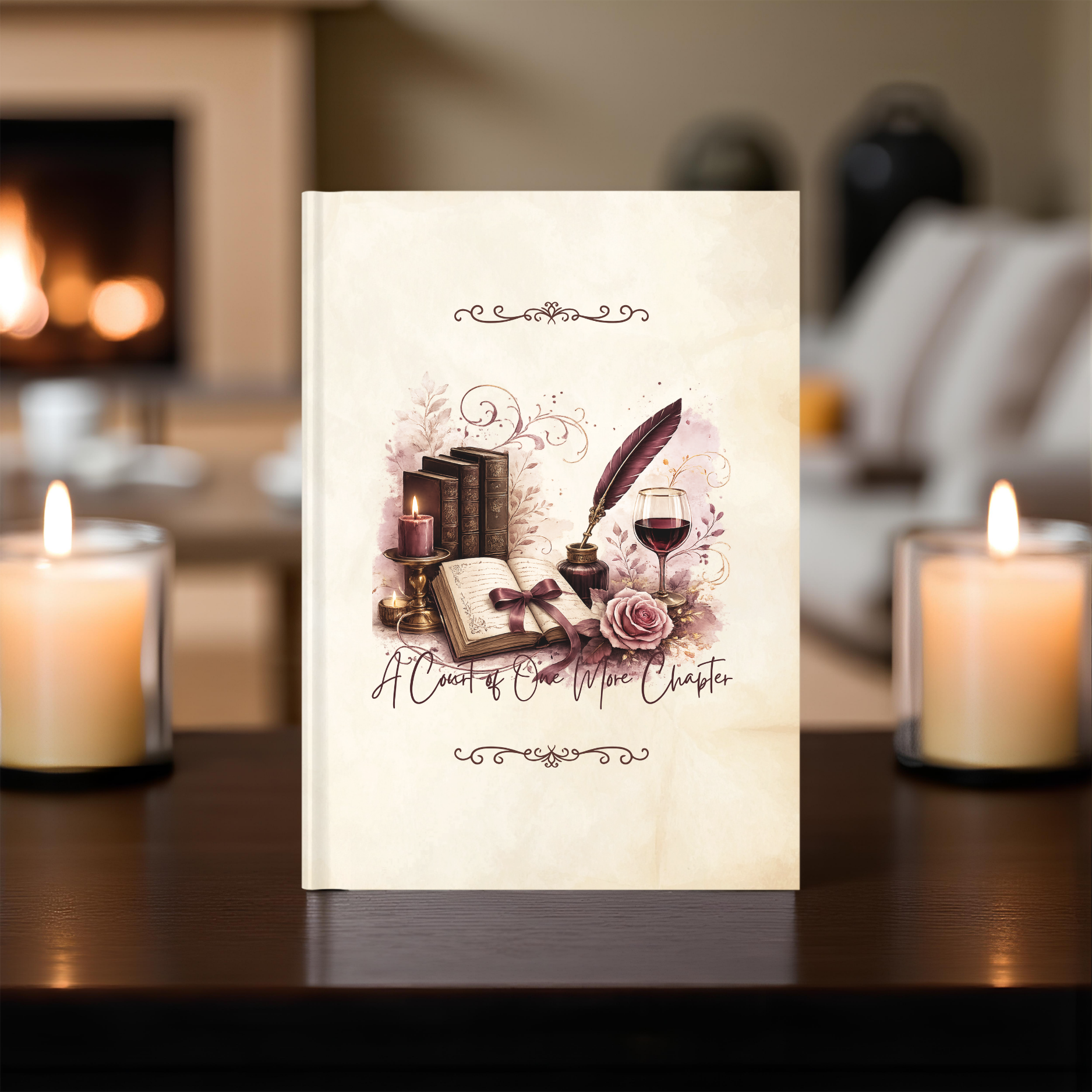 Hardcover dark academia journal featuring vintage books, a quill, florals, and the phrase "A Court of One More Chapter."