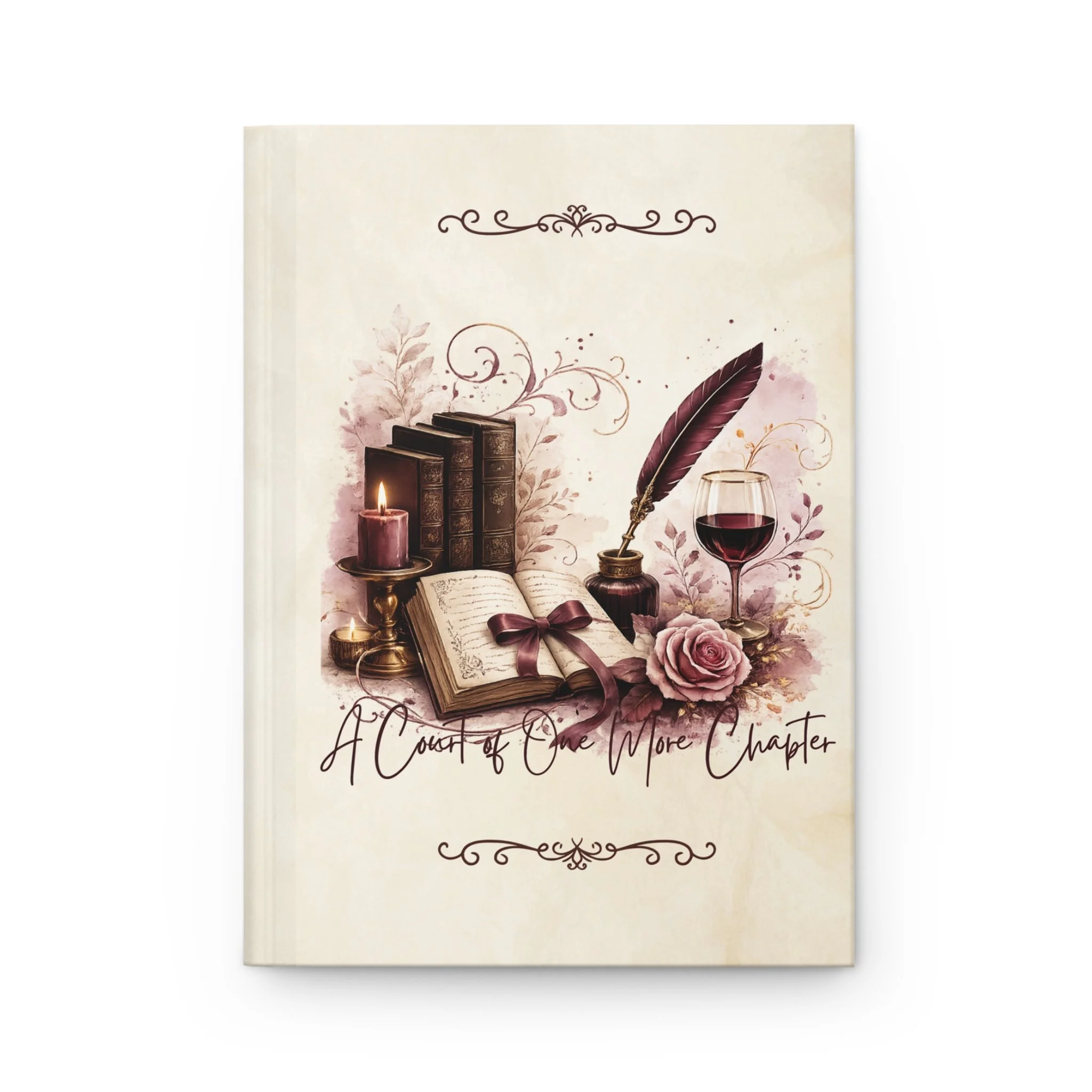Front cover of dark academia writing journal featuring vintage books and the phrase "A Court of One More Chapter."