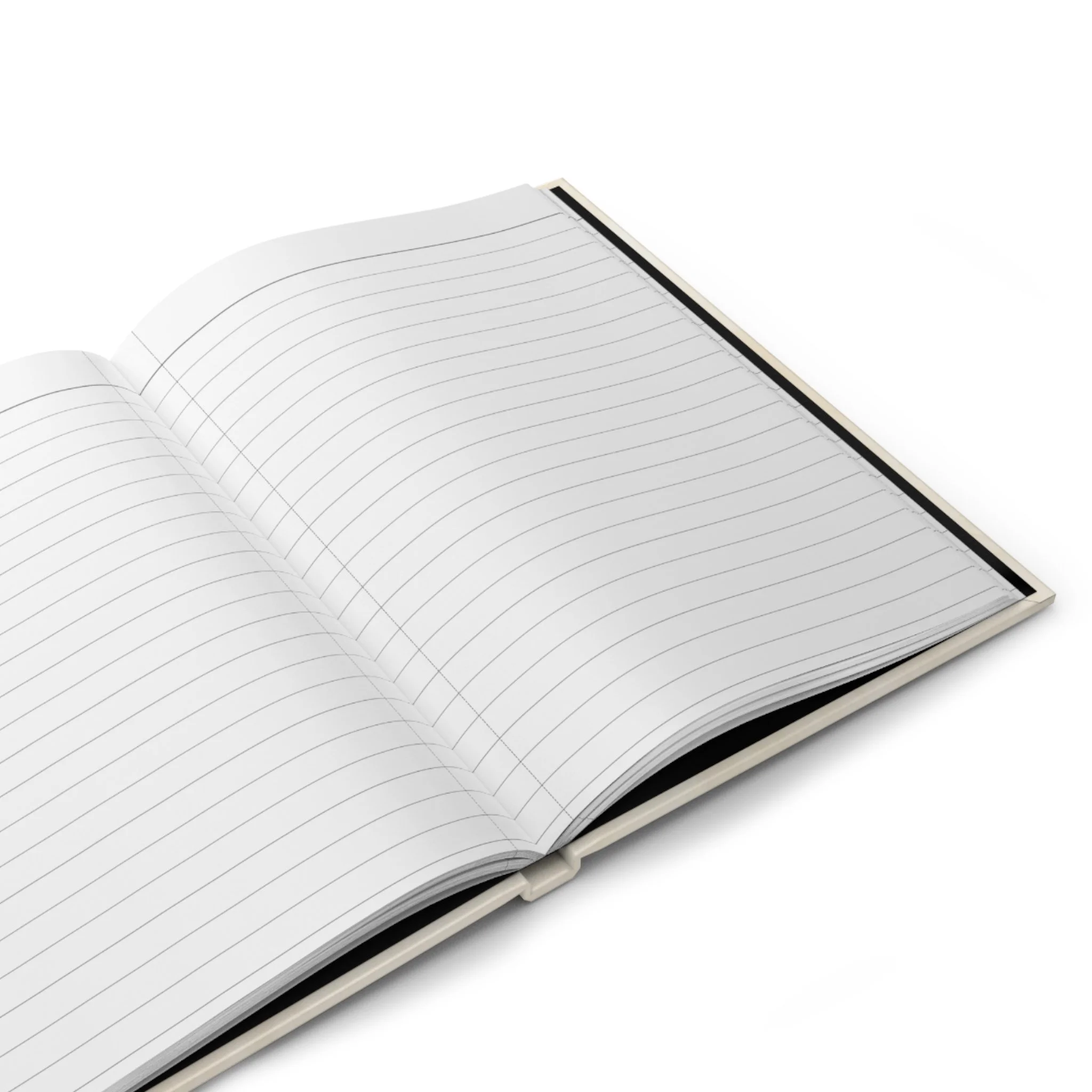 Open hardcover journal displaying lined writing pages.