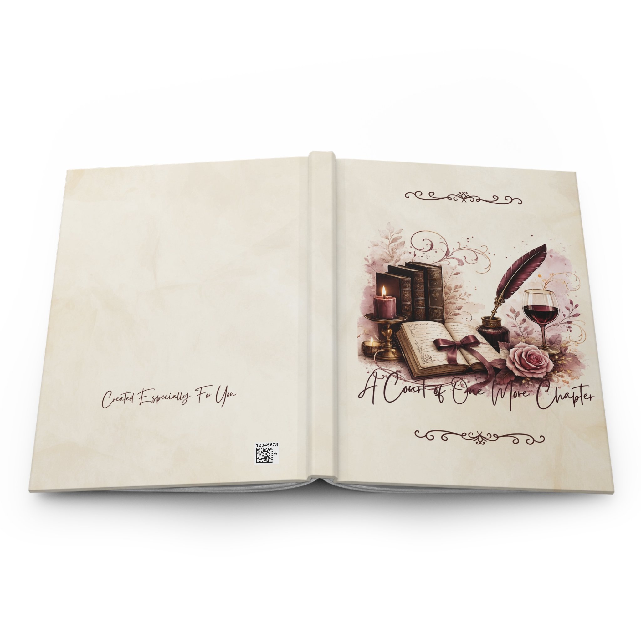 Hardcover dark academia journal showing the complete front and back cover wraparound design.