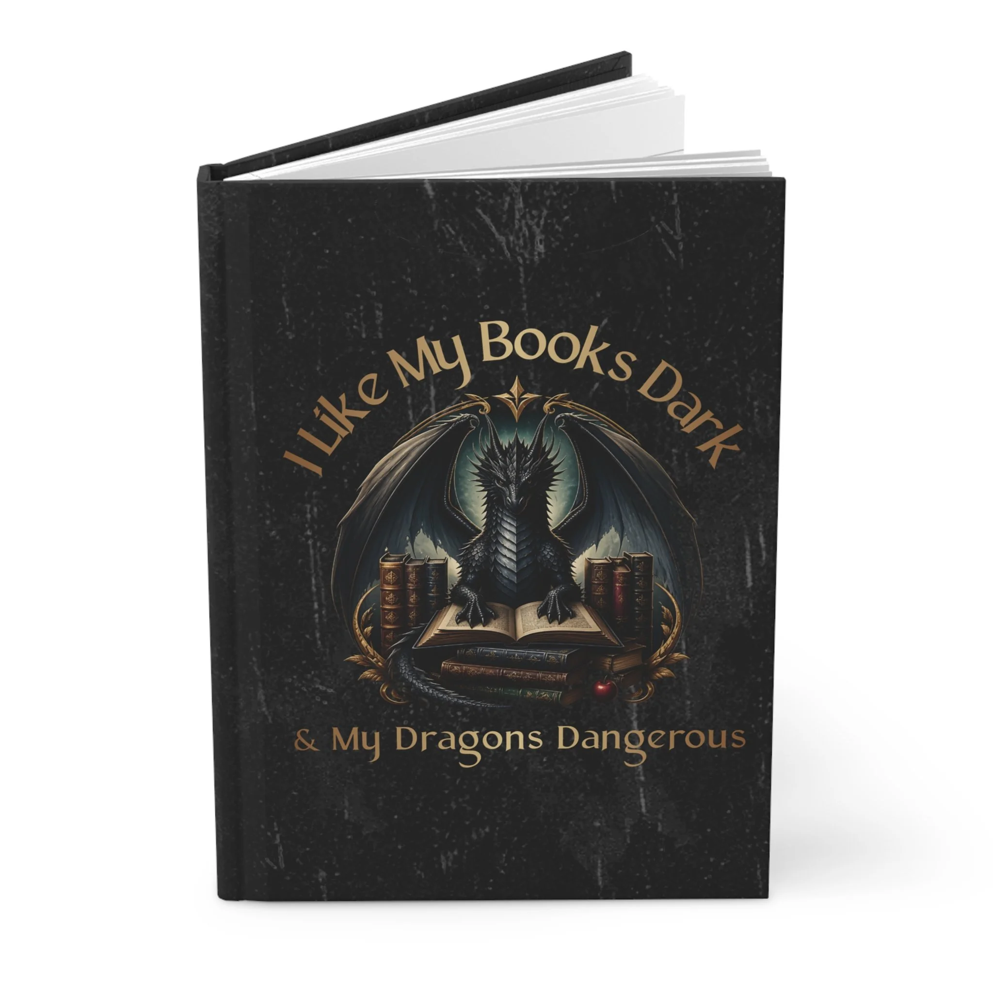 Standing hardcover journal with a black distressed cover and dragon illustration.