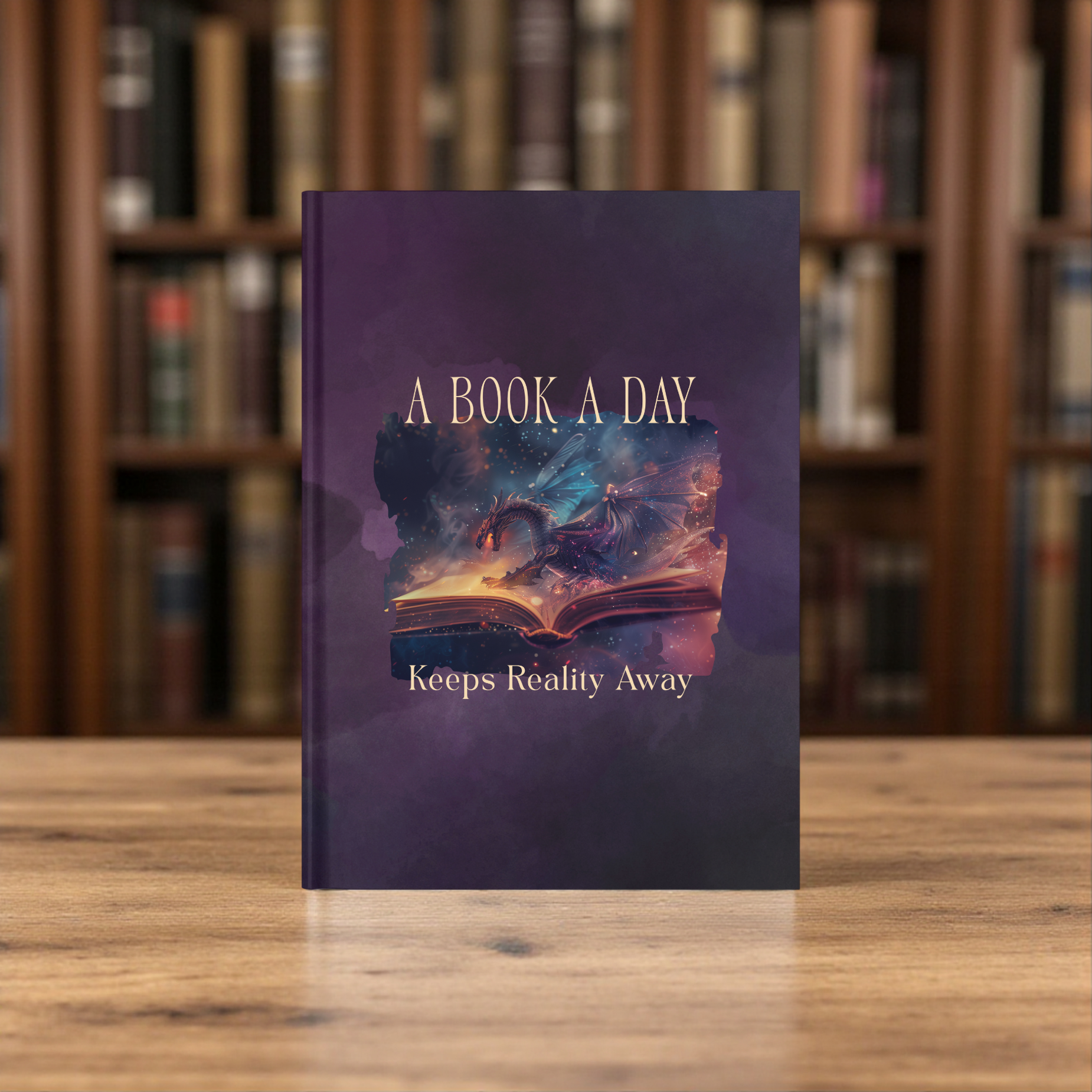 Hardcover fantasy journal featuring an enchanted open book with the phrase "A Book a Day Keeps Reality Away."