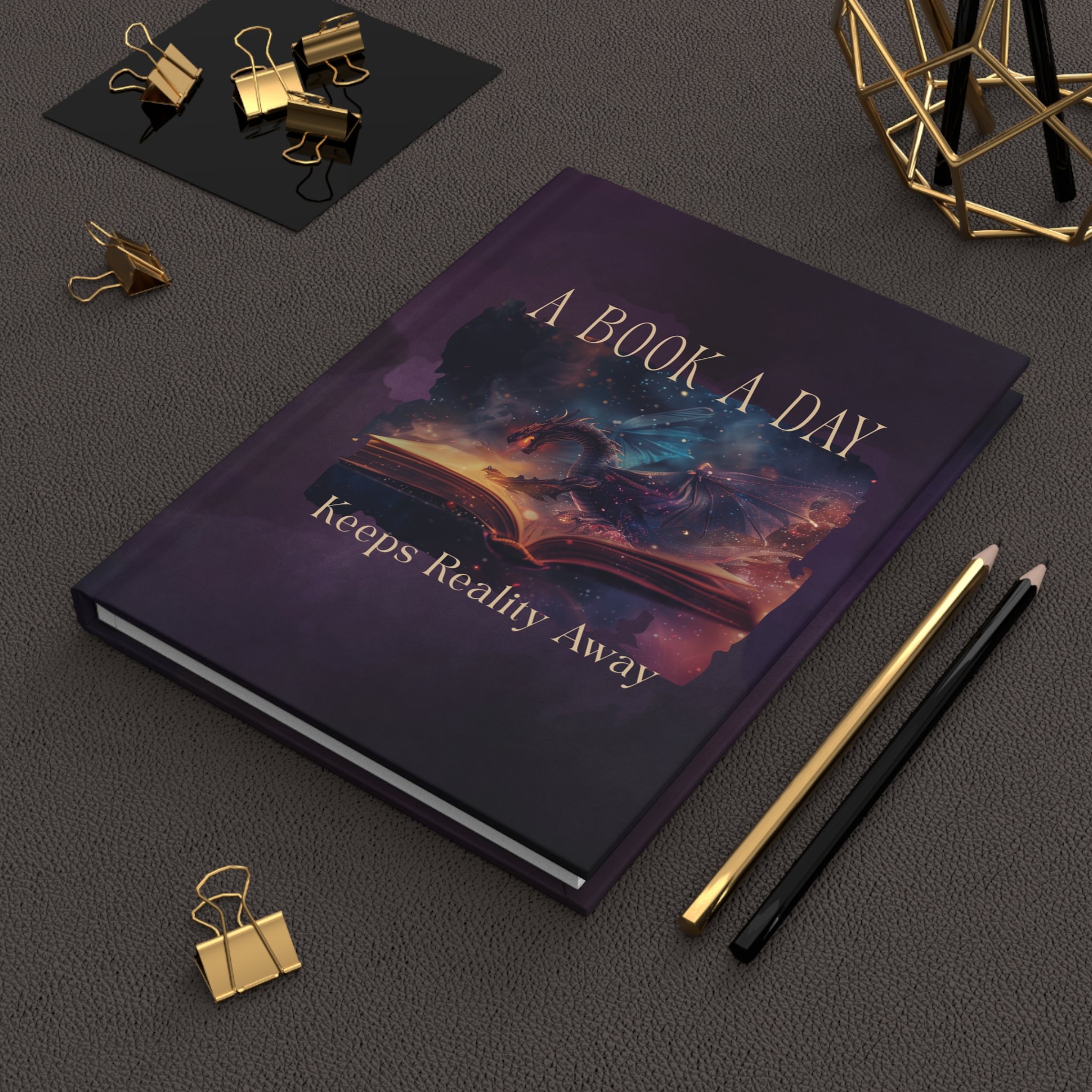Fantasy hardcover notebook displayed on a desk with library shelves in the background.