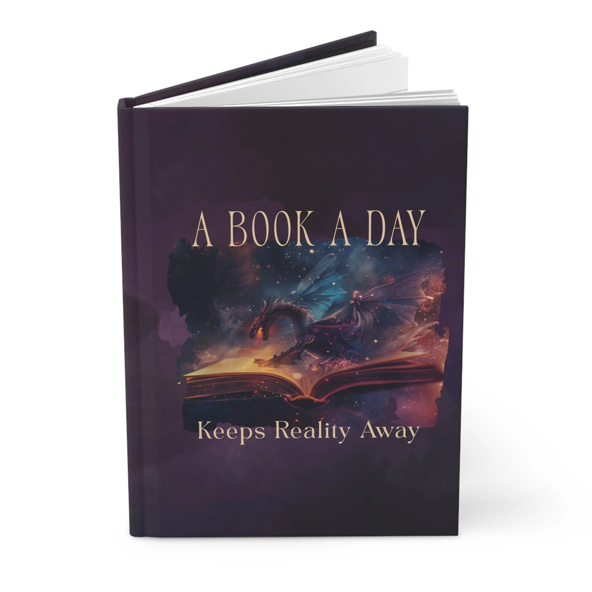 Standing hardcover journal with magical book artwork on a deep purple cover.