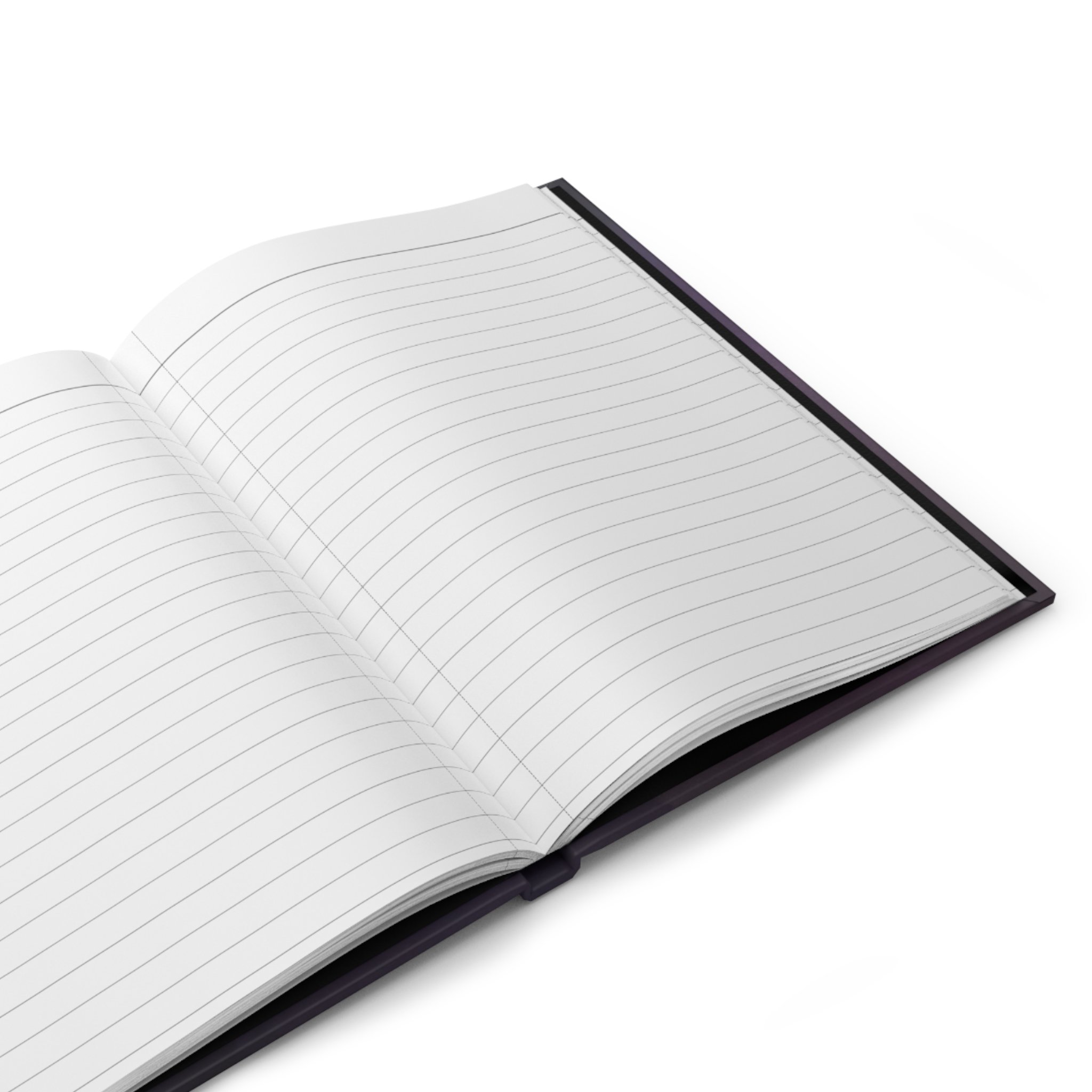 Open hardcover journal displaying lined writing pages.
