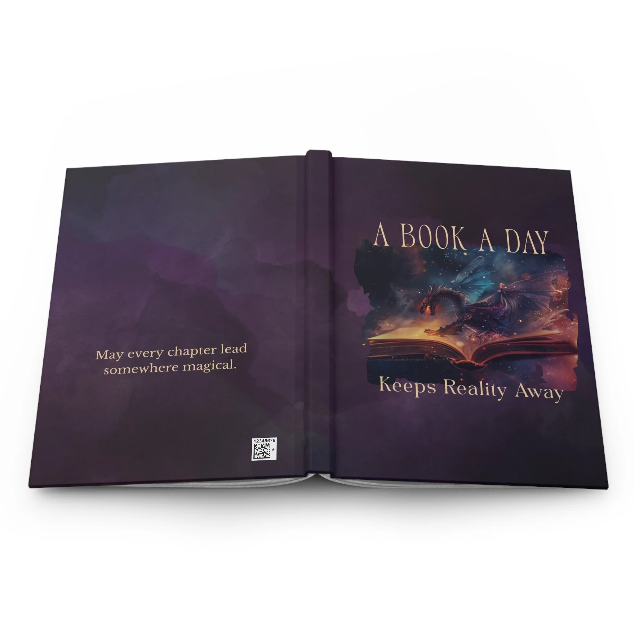 Hardcover fantasy journal showing the complete front and back cover wraparound design.