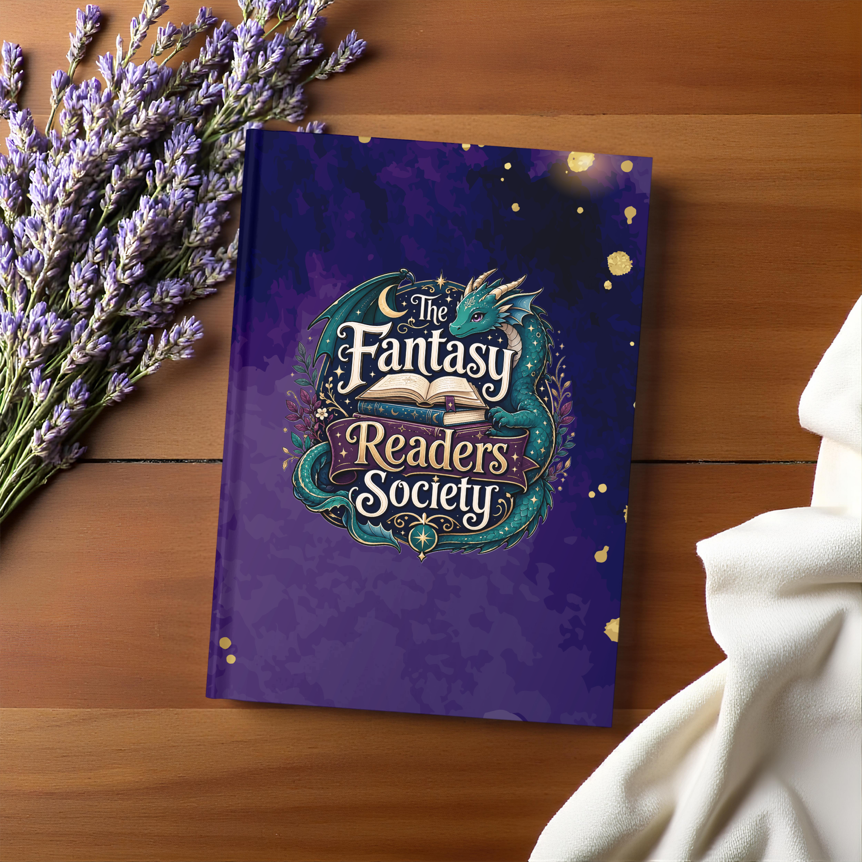 Hardcover fantasy journal featuring The Fantasy Readers Society emblem on a deep purple cover.