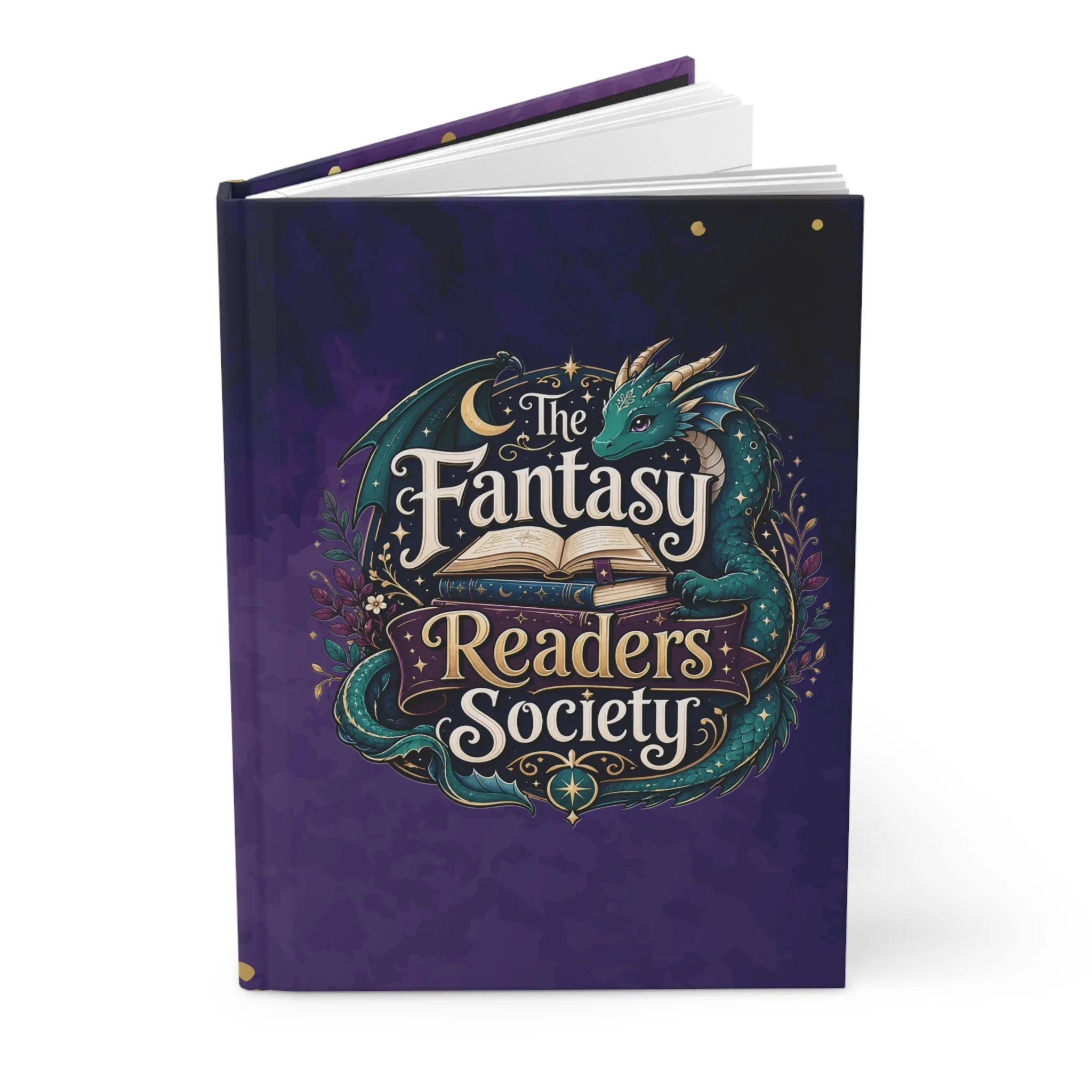 Standing hardcover fantasy journal with an ornate readers society crest.