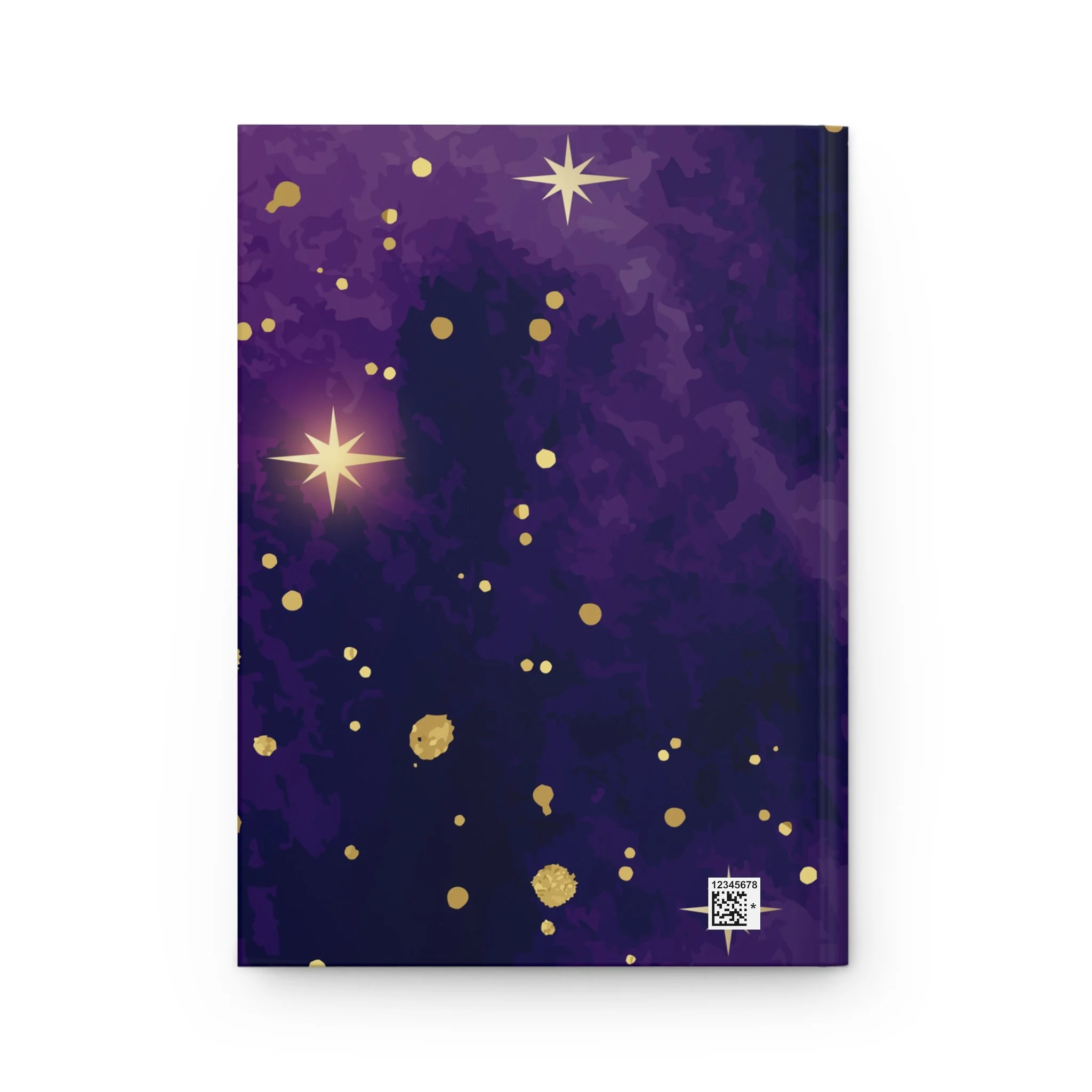 Back cover of hardcover fantasy journal with a celestial star pattern and golden magical accents.