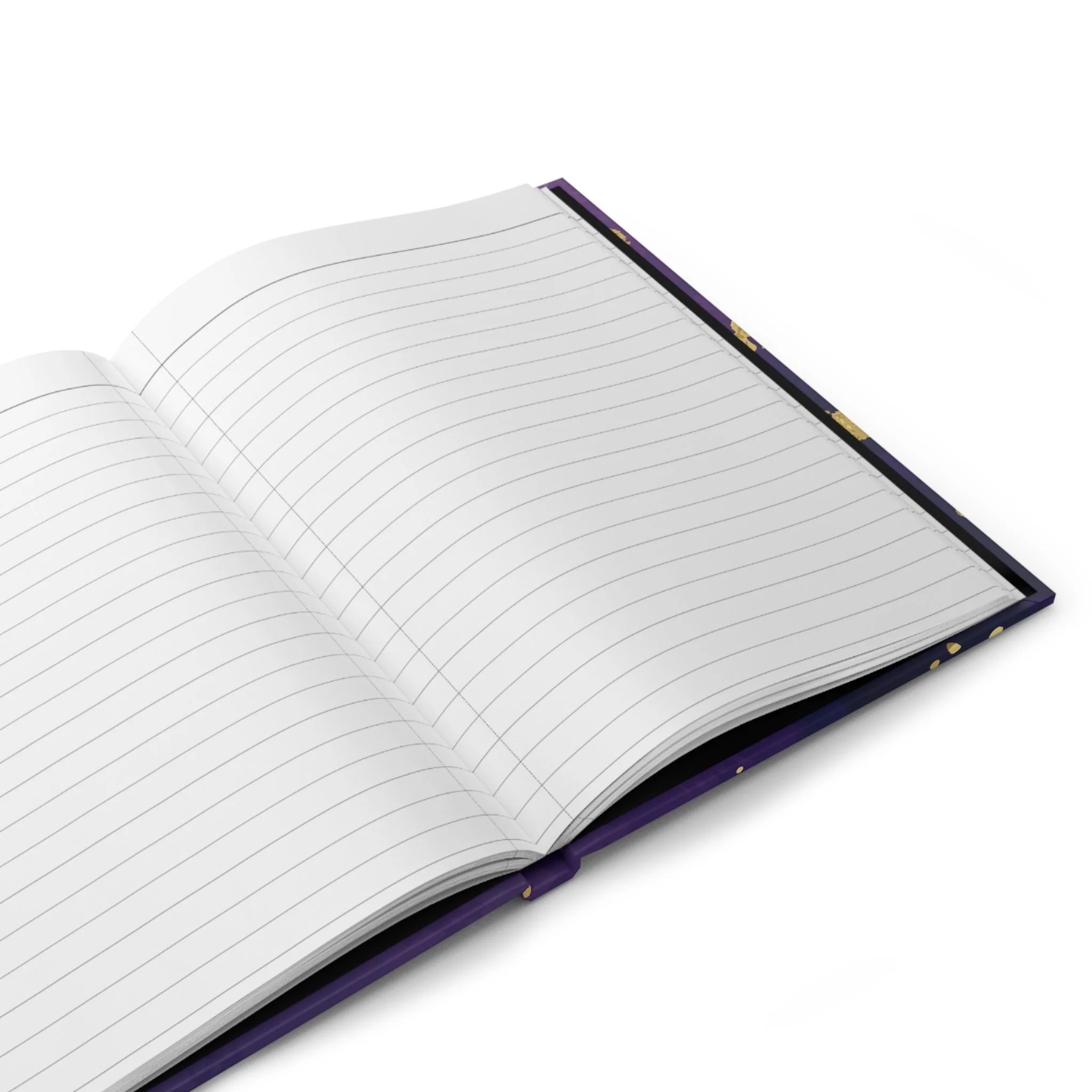 Open hardcover journal displaying lined writing pages.