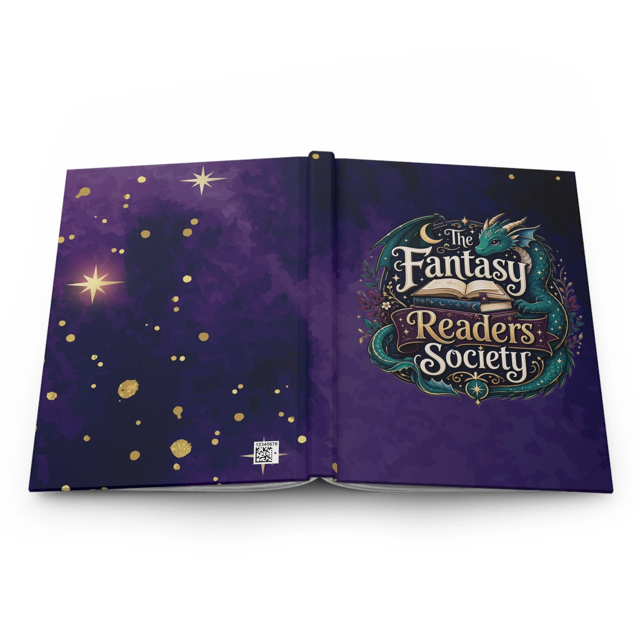 Hardcover fantasy journal showing the complete front and back cover wraparound design.