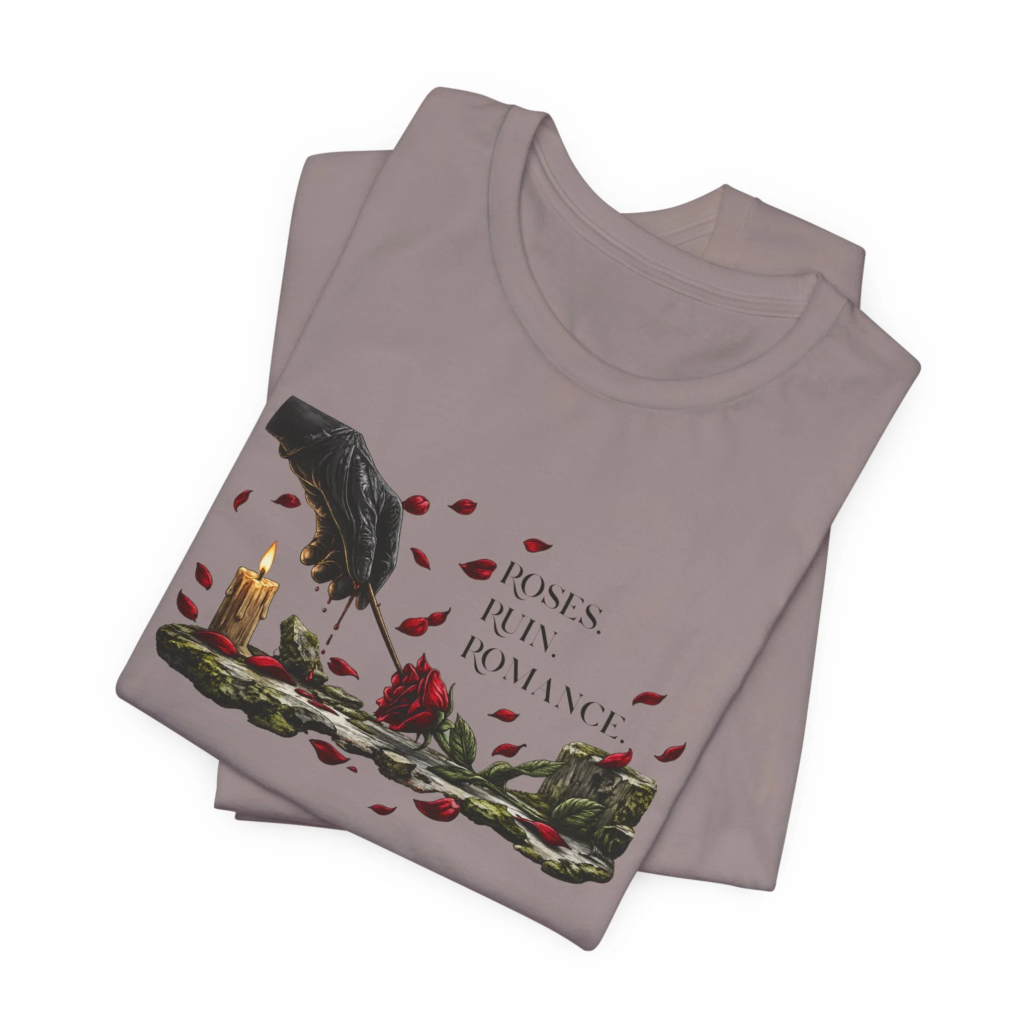 Roses Ruin Romance gothic romance tee in Pebble Brown featuring bloody gloved hand artwork