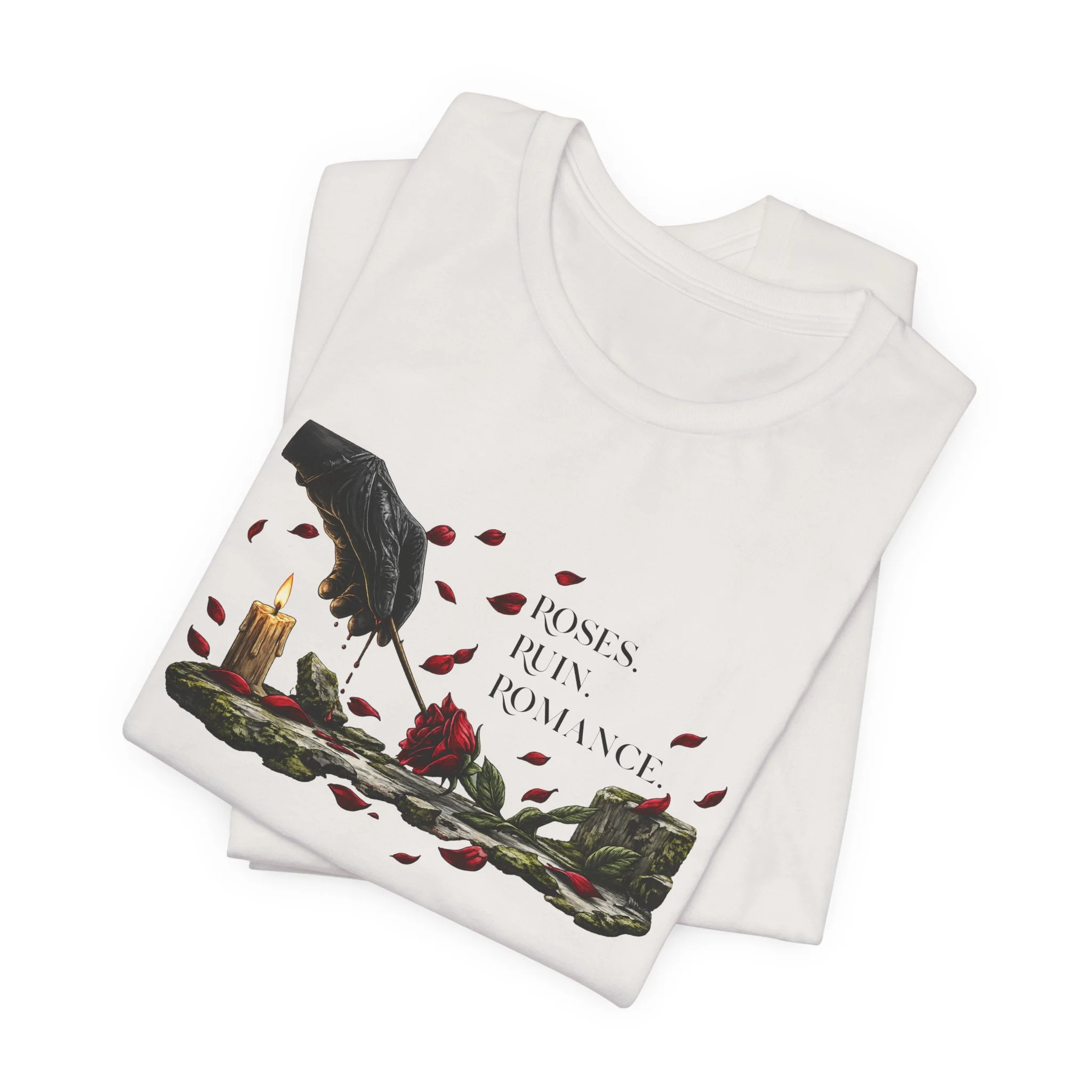Roses Ruin Romance fantasy reader shirt in Vintage White with bleeding hand and rose illustration