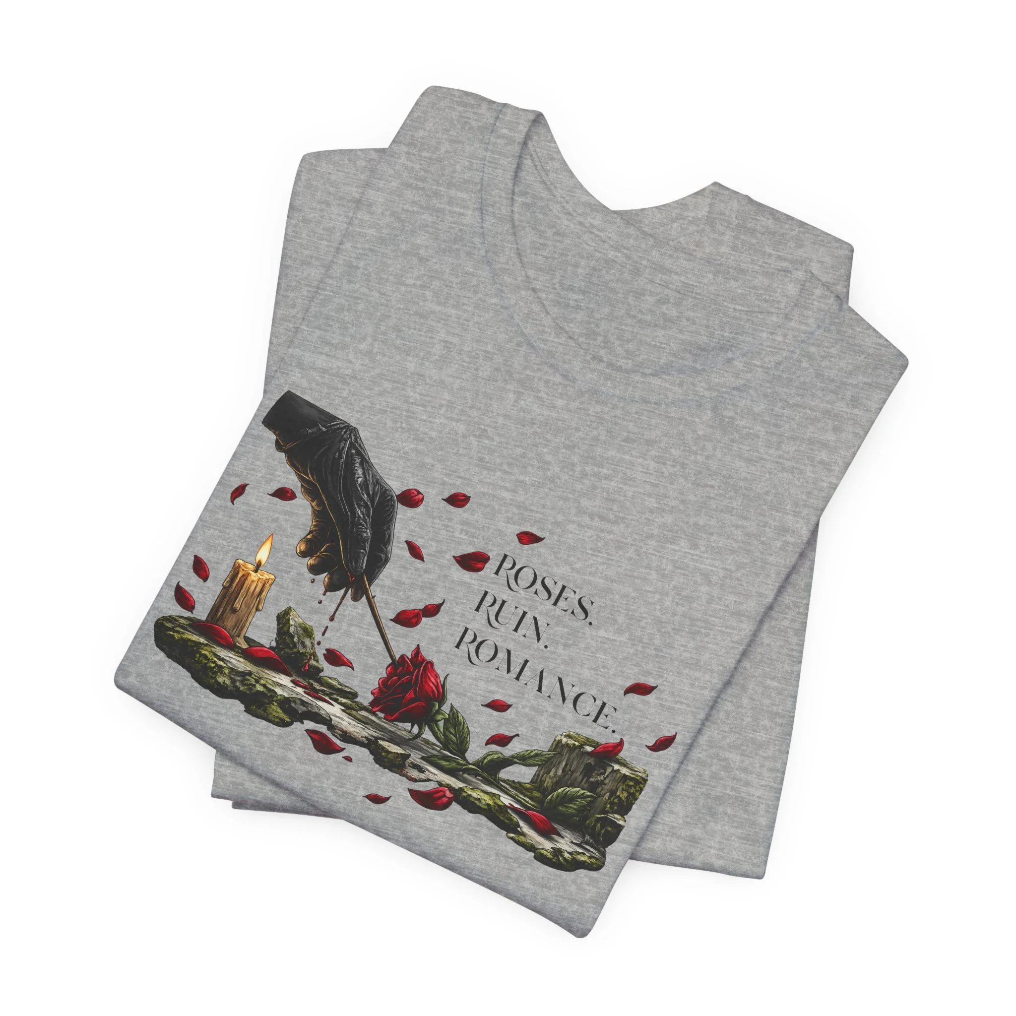 Roses Ruin Romance dark academia t-shirt in Athletic Heather with gothic floral design
