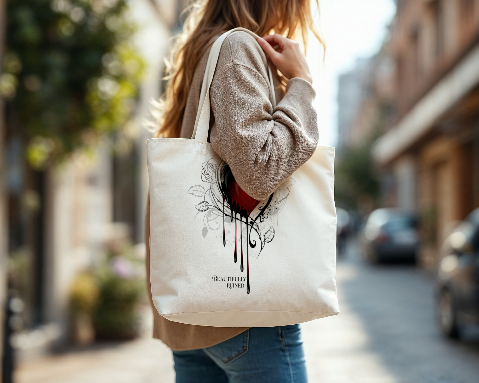 Beautifully Ruined fantasy canvas tote bag with glowing red heart gothic romance artwork