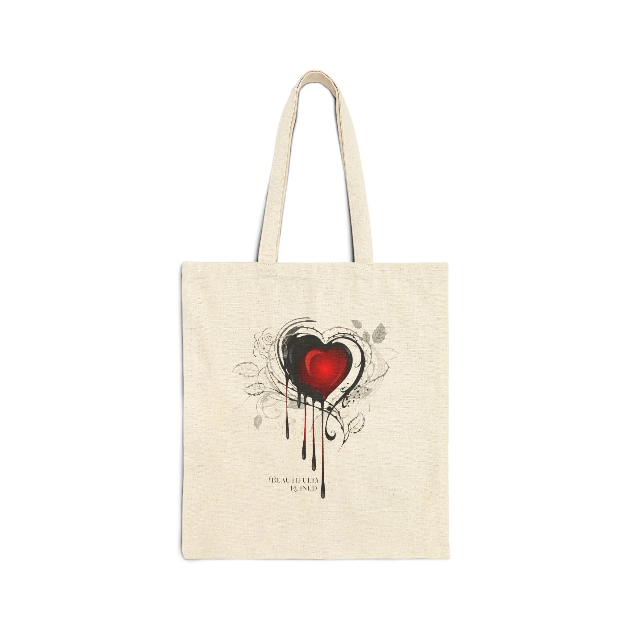 Natural cotton book tote featuring Beautifully Ruined red heart fantasy design