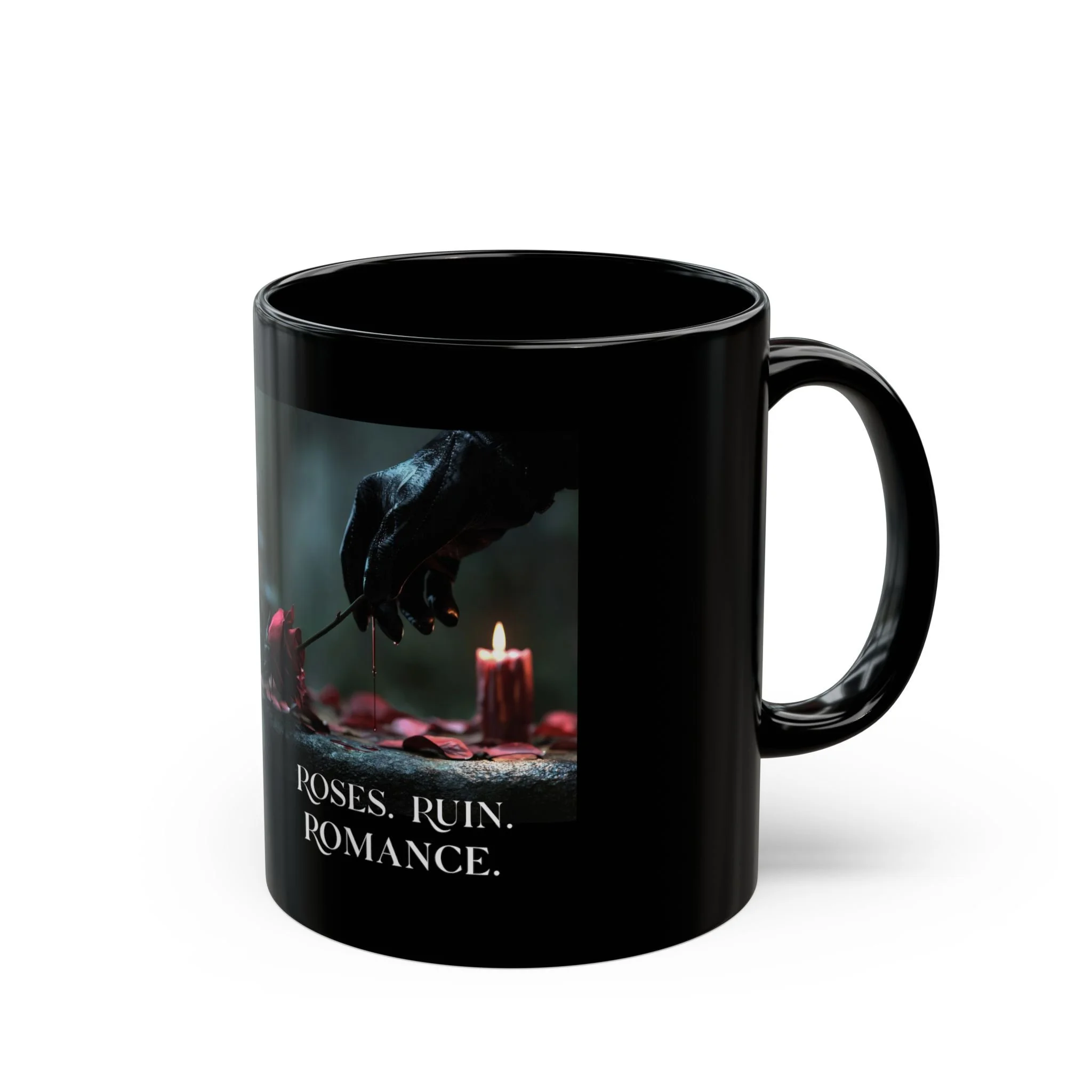 11oz black Roses Ruin Romance mug featuring bleeding gloved hand artwork
